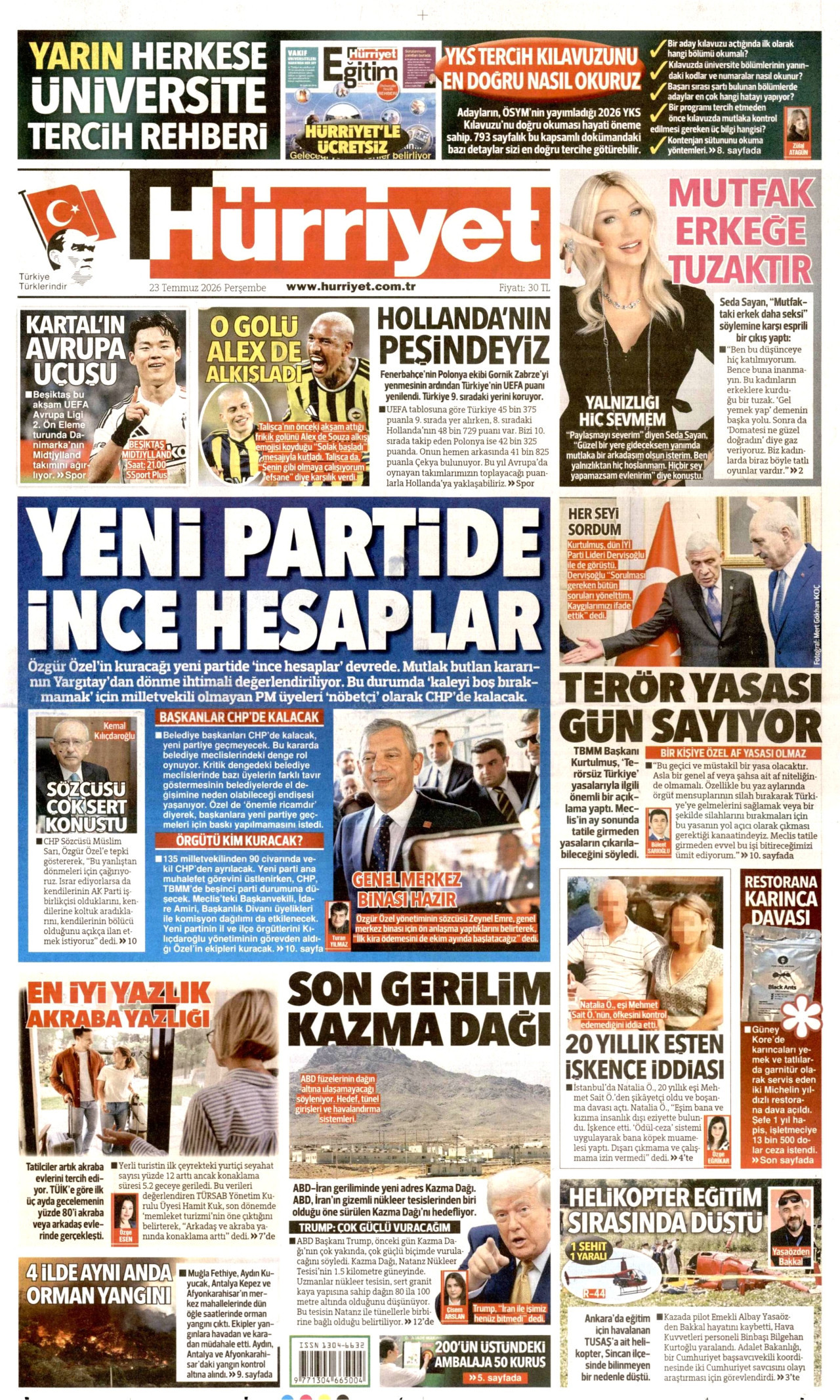 HÜRRİYET gazetesinin 23 Temmuz 2026 tarihli birinci sayfası