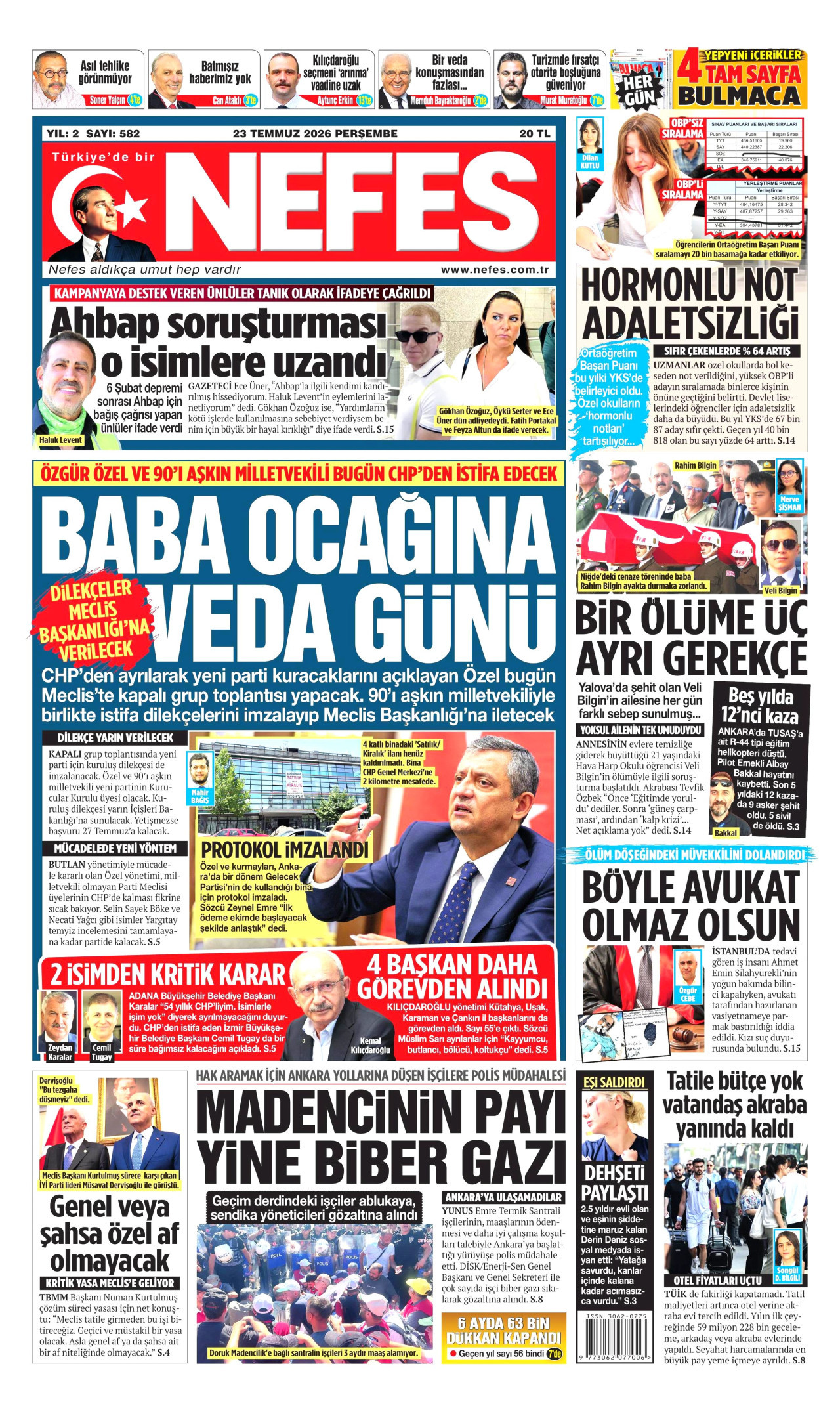 NEFES gazetesinin 23 Temmuz 2026 tarihli birinci sayfası