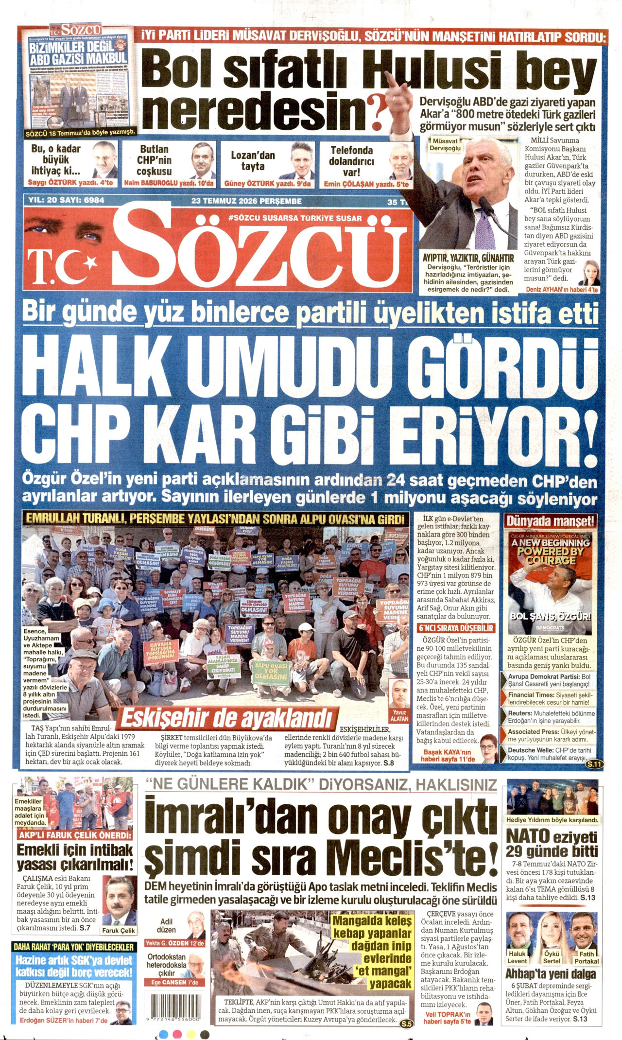 SÖZCÜ gazetesinin 23 Temmuz 2026 tarihli birinci sayfası