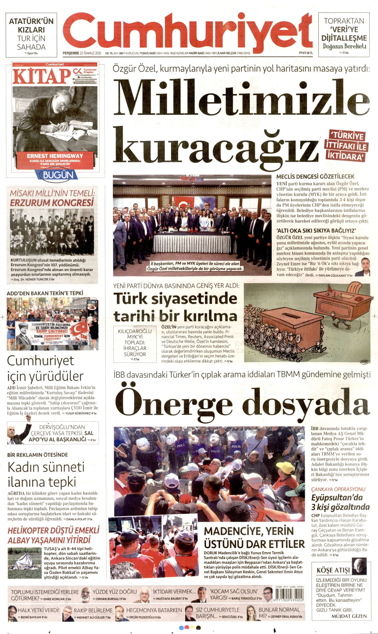 CUMHURİYET gazetesinin 23 Temmuz 2026 tarihli birinci sayfası