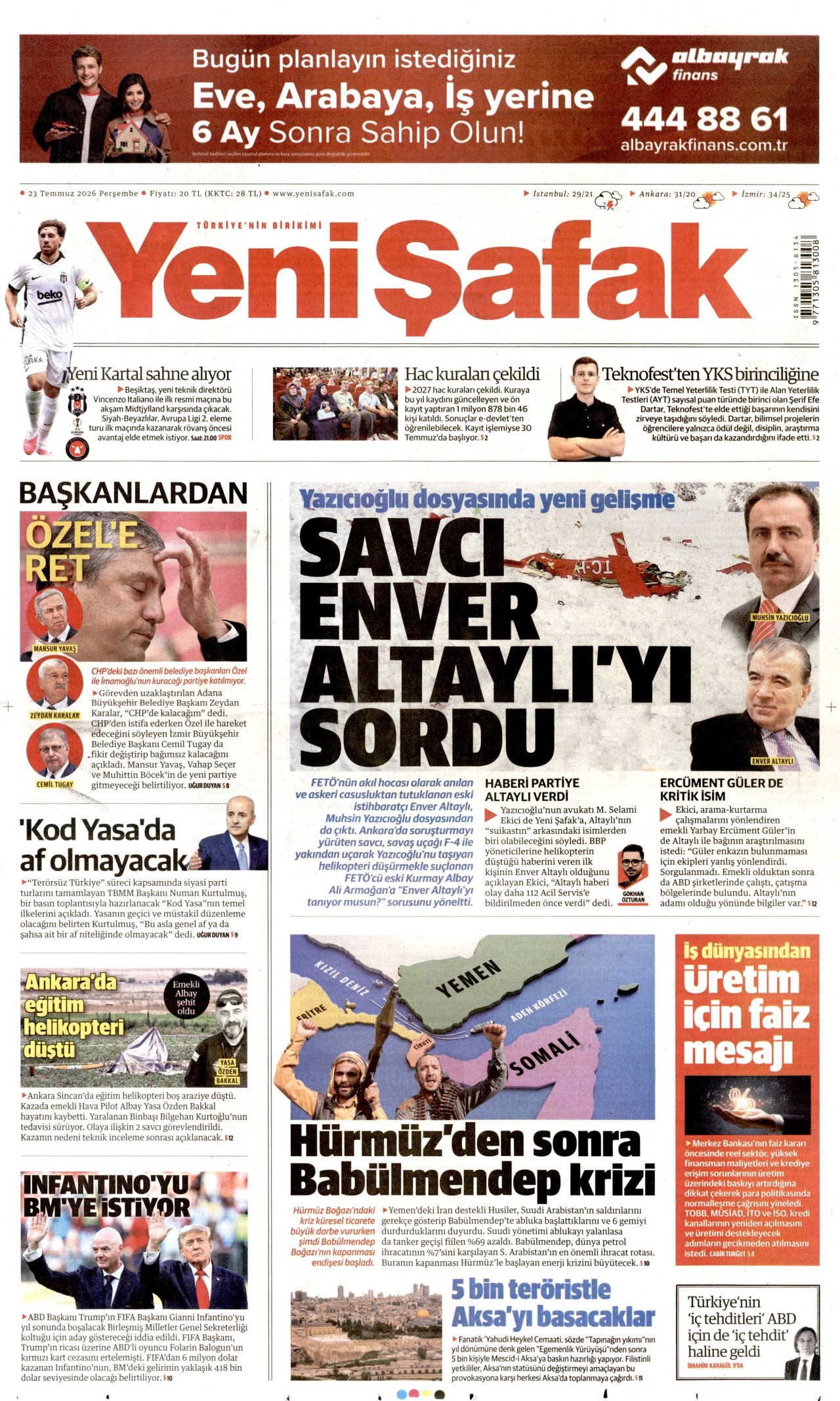 YENİ ŞAFAK gazetesinin 23 Temmuz 2026 tarihli birinci sayfası