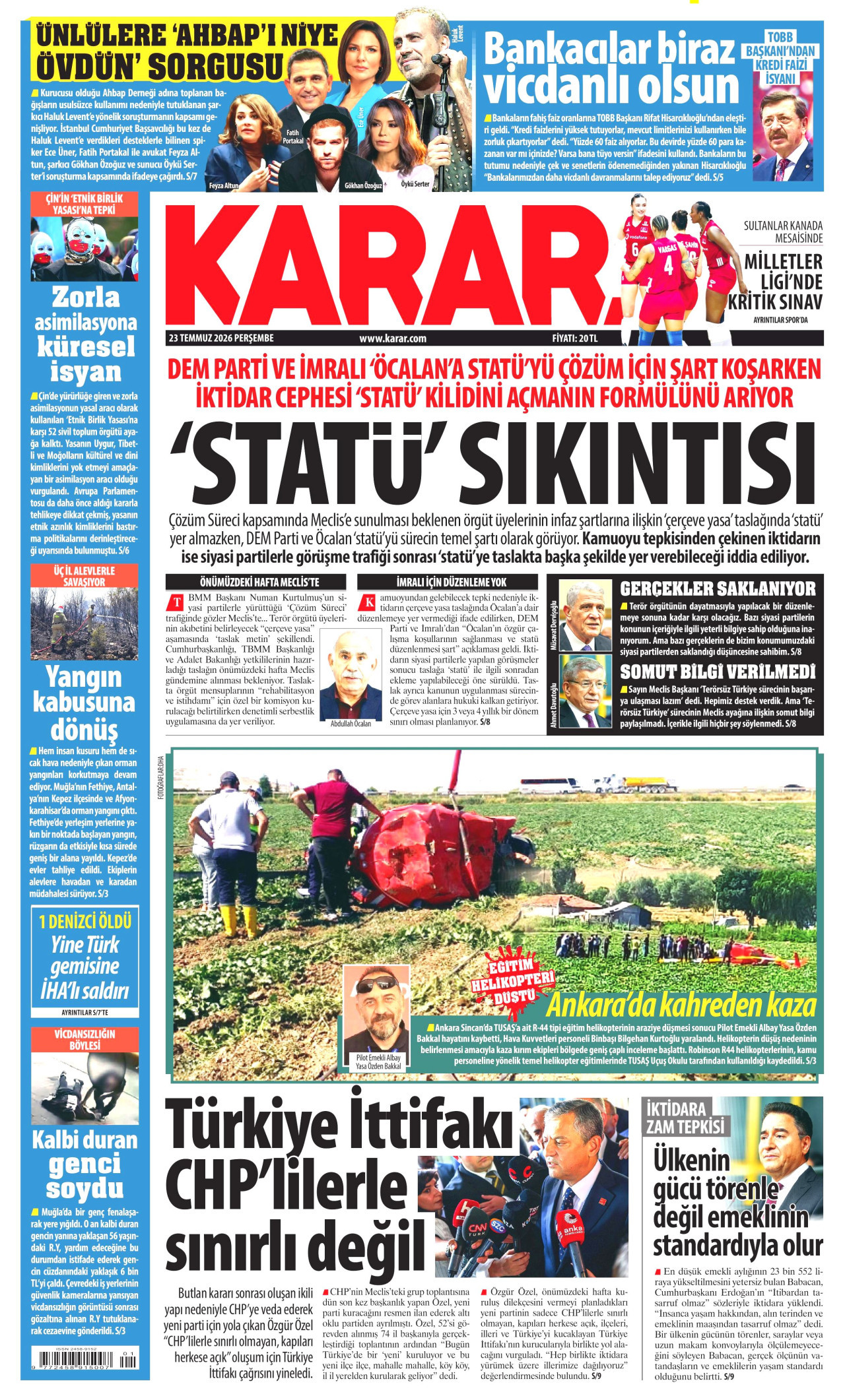 KARAR gazetesinin 23 Temmuz 2026 tarihli birinci sayfası