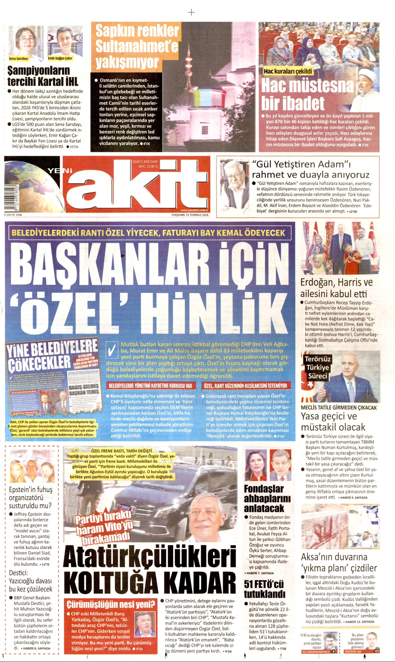 YENİ AKİT gazetesinin 23 Temmuz 2026 tarihli birinci sayfası
