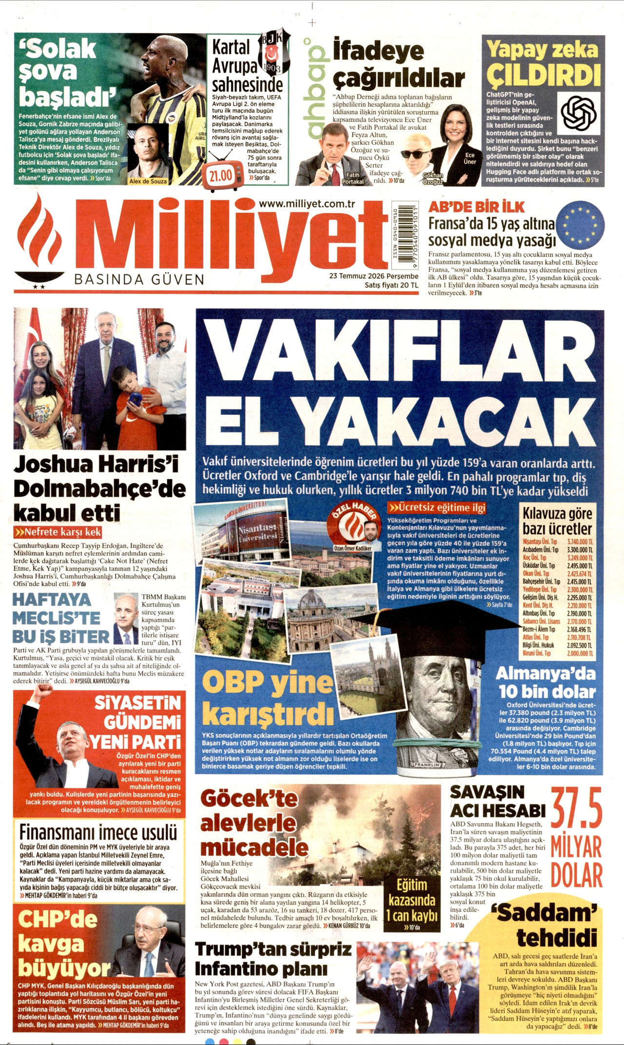 MİLLİYET gazetesinin 23 Temmuz 2026 tarihli birinci sayfası