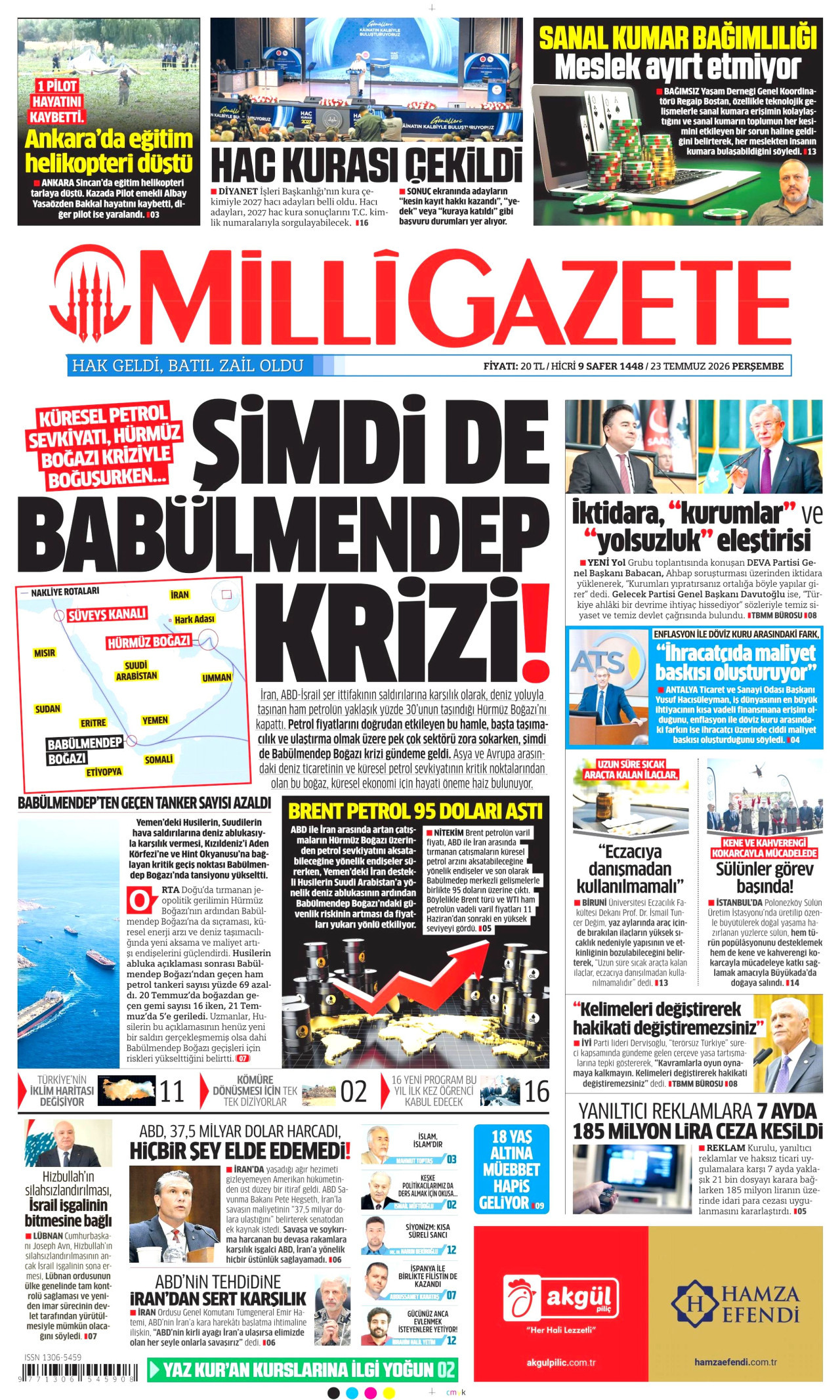 MİLLİ GAZETE gazetesinin 23 Temmuz 2026 tarihli birinci sayfası