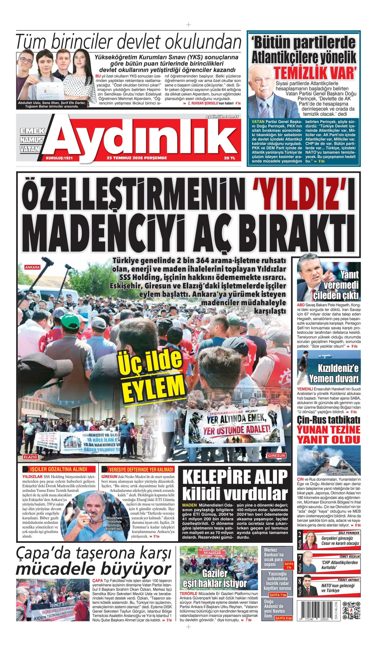 AYDINLIK GAZETESİ gazetesinin 23 Temmuz 2026 tarihli birinci sayfası
