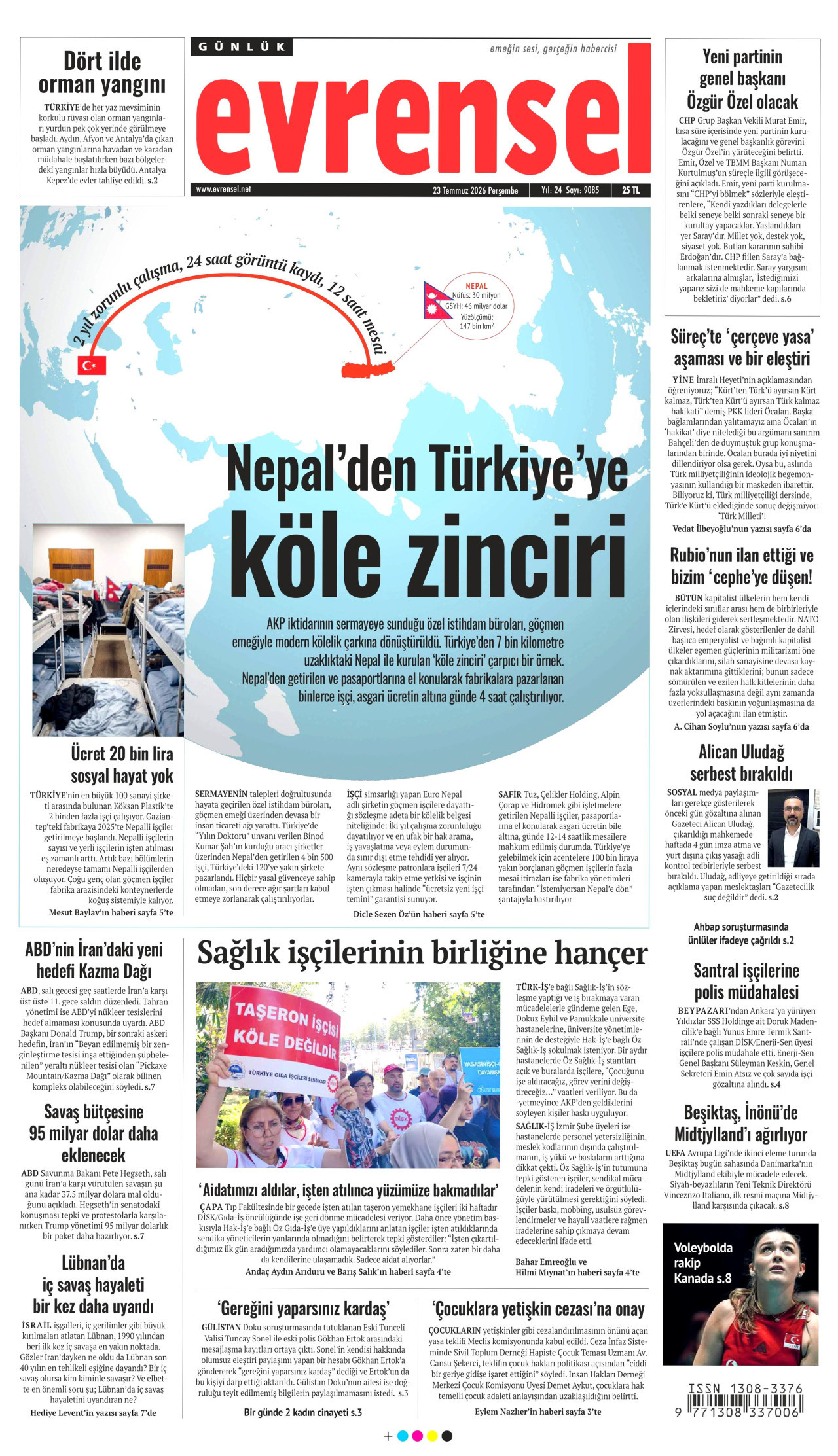 EVRENSEL gazetesinin 23 Temmuz 2026 tarihli birinci sayfası