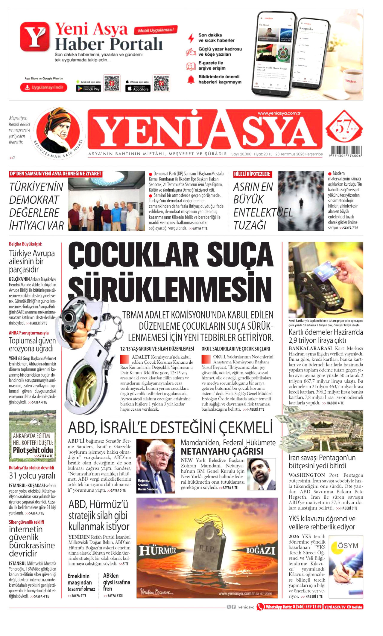 YENİ ASYA gazetesinin 23 Temmuz 2026 tarihli birinci sayfası