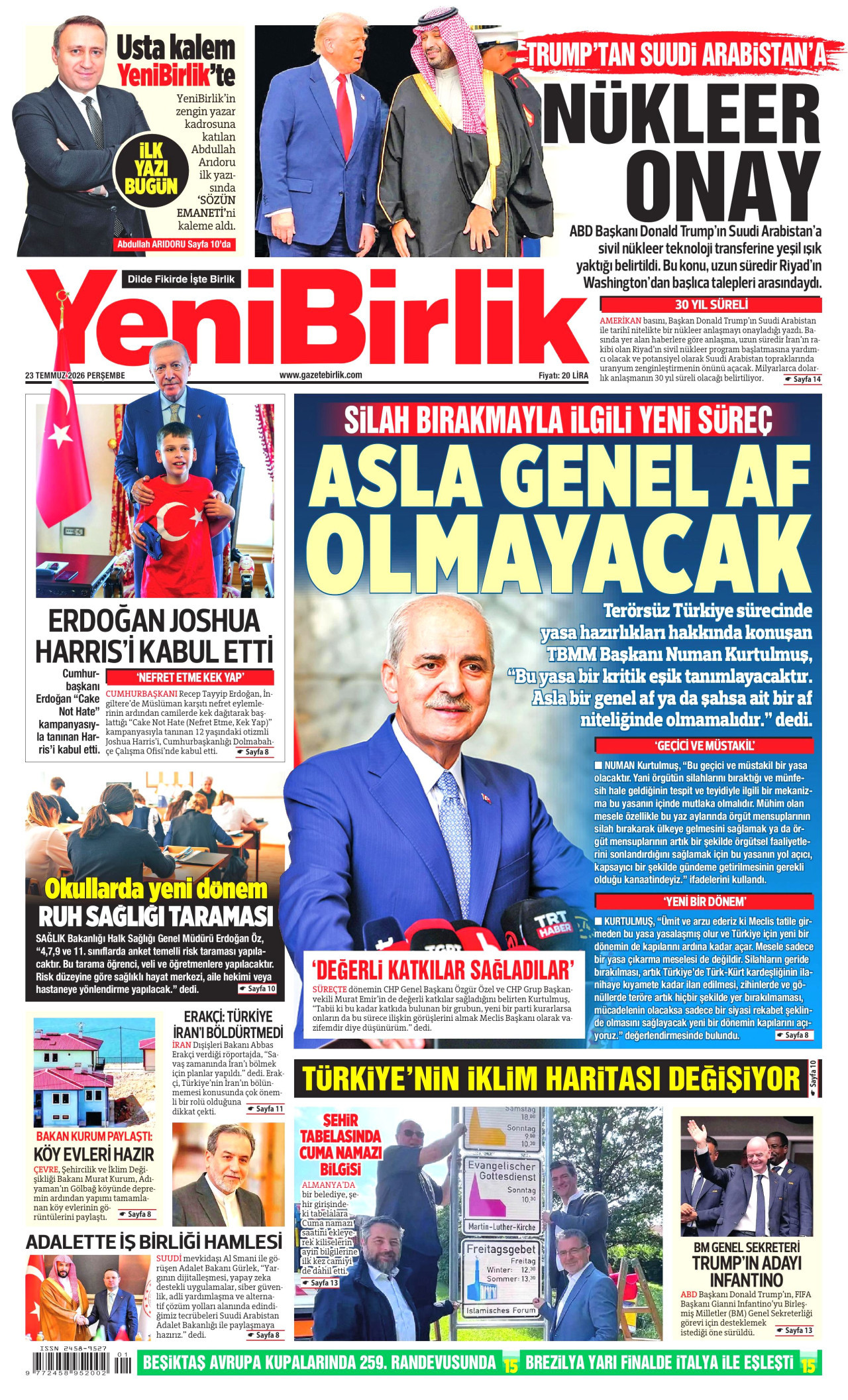 YENİBİRLİK gazetesinin 23 Temmuz 2026 tarihli birinci sayfası