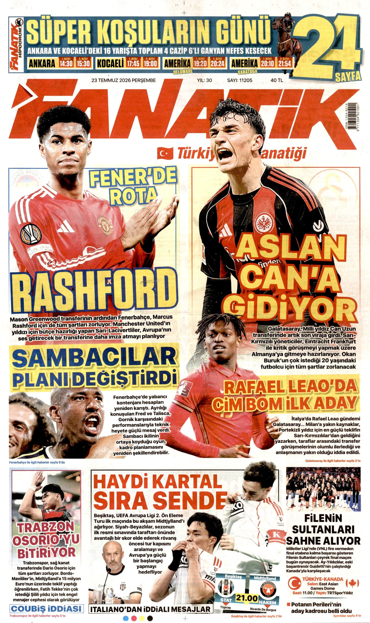 FANATİK gazetesinin 23 Temmuz 2026 tarihli birinci sayfası