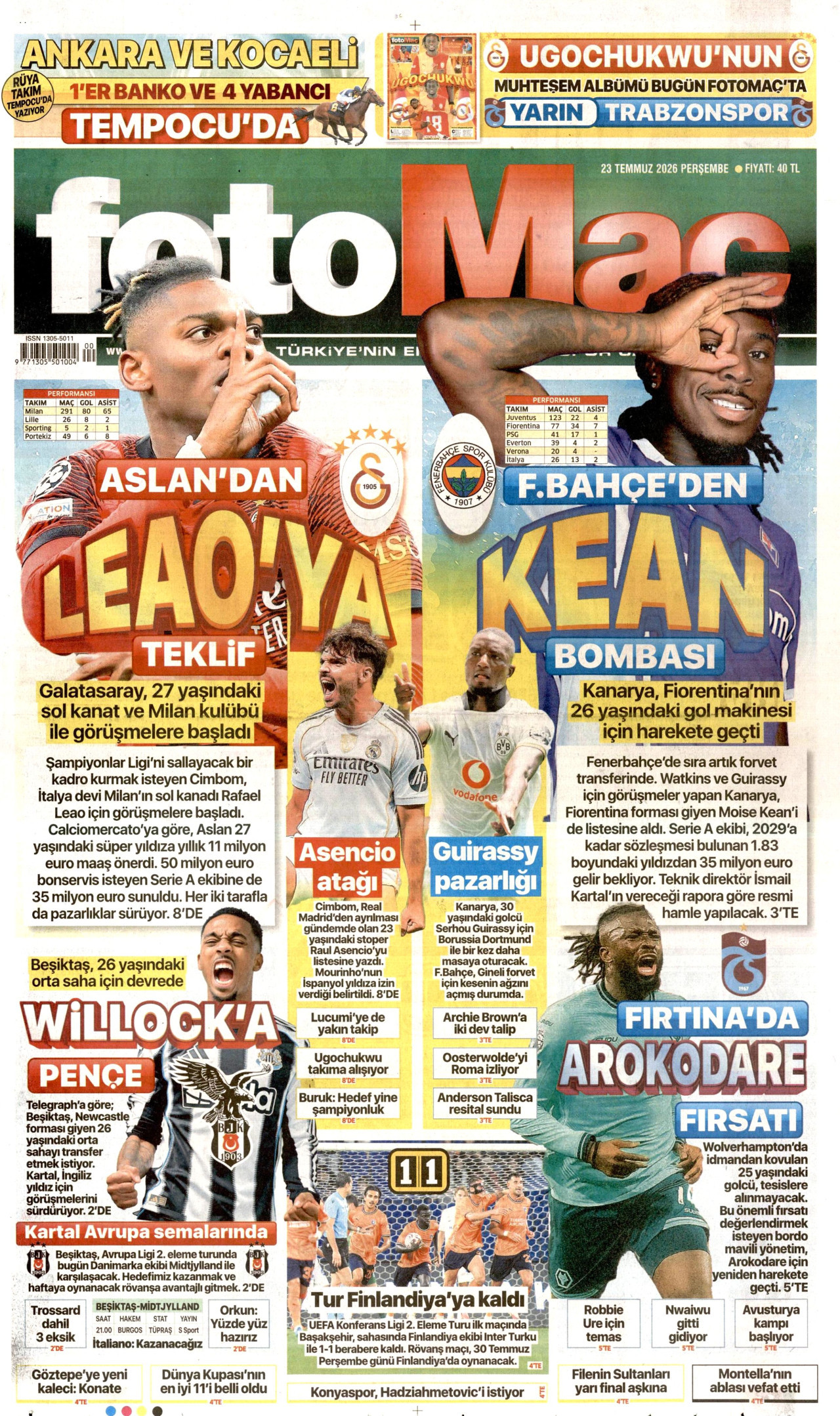 FOTOMAÇ gazetesinin 23 Temmuz 2026 tarihli birinci sayfası
