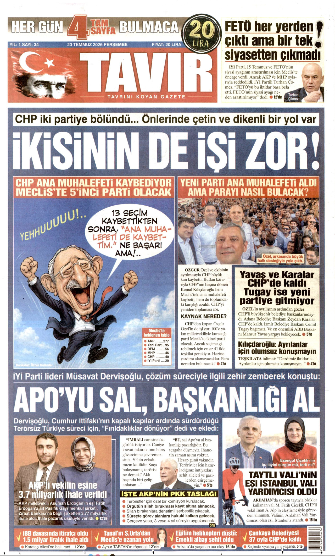 TAVIR GAZETESİ gazetesinin 23 Temmuz 2026 tarihli birinci sayfası