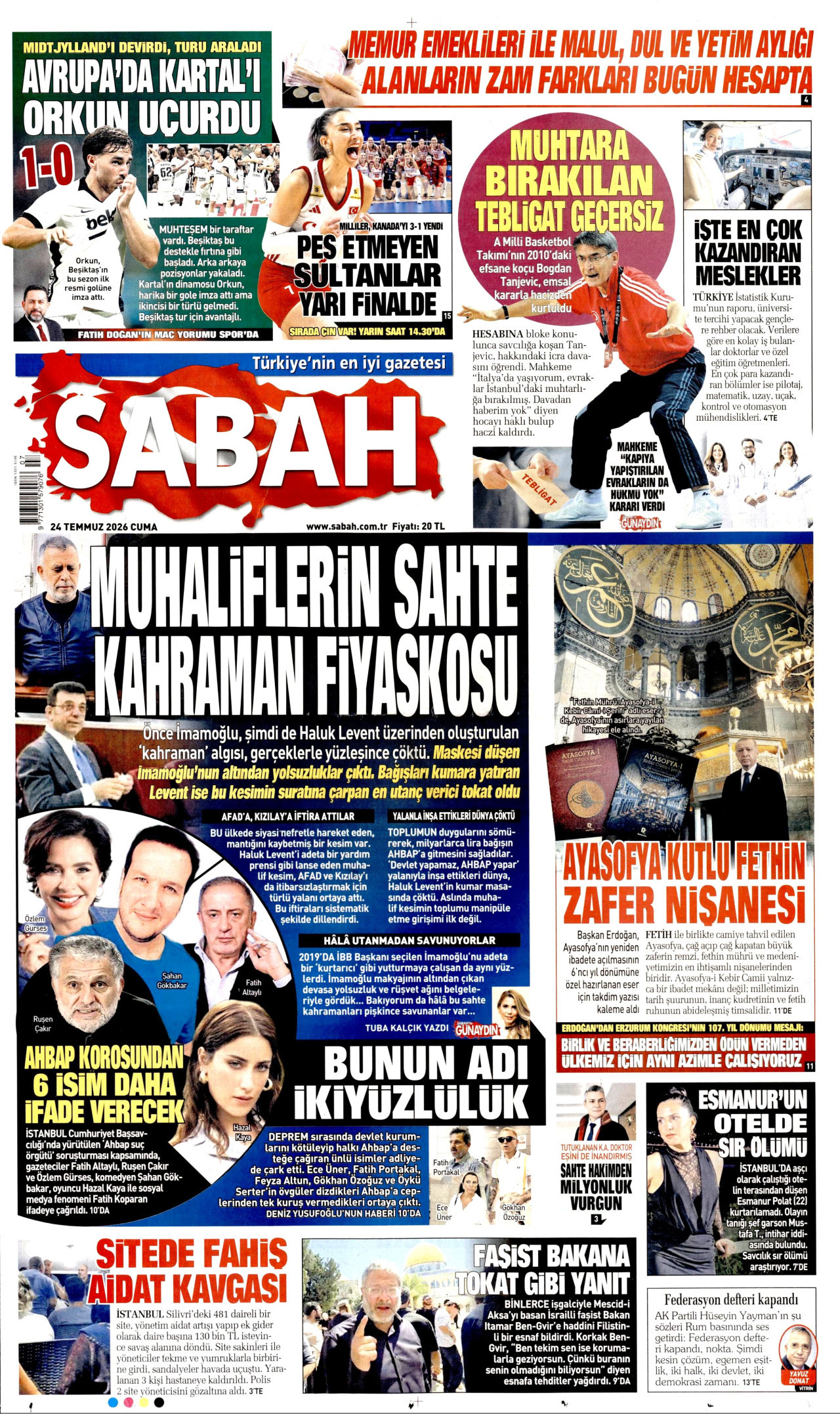 SABAH gazetesinin 24 Temmuz 2026 tarihli birinci sayfası