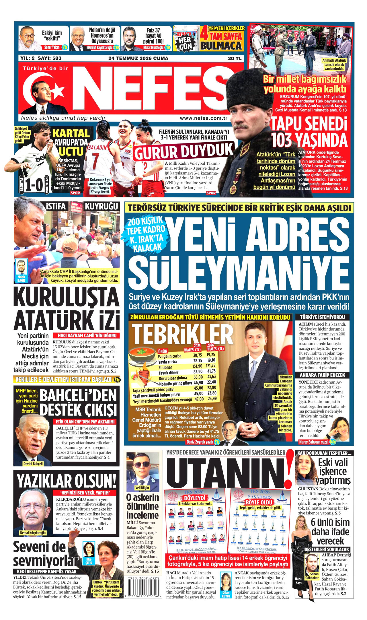 NEFES gazetesinin 24 Temmuz 2026 tarihli birinci sayfası