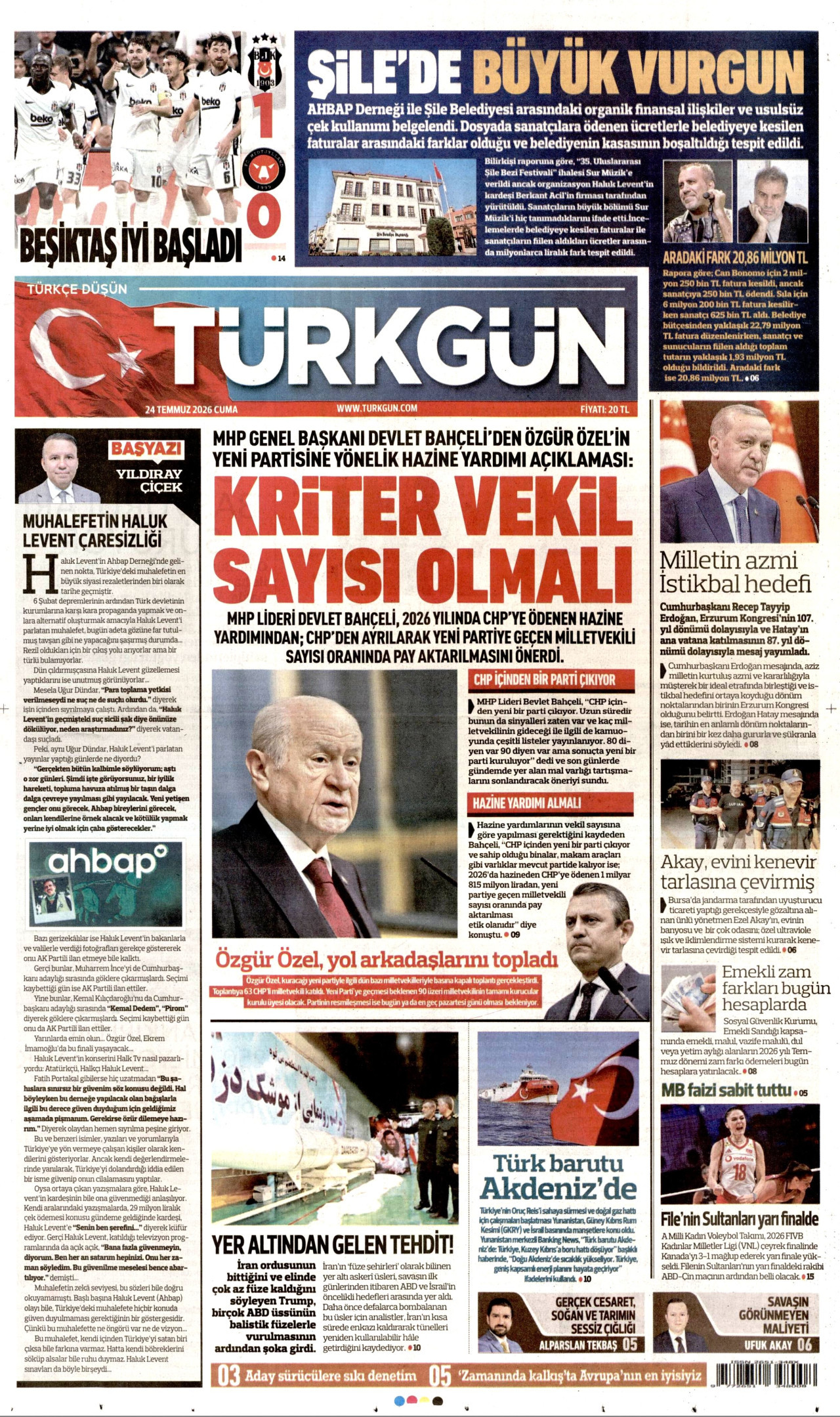 TÜRKGÜN gazetesinin 24 Temmuz 2026 tarihli birinci sayfası