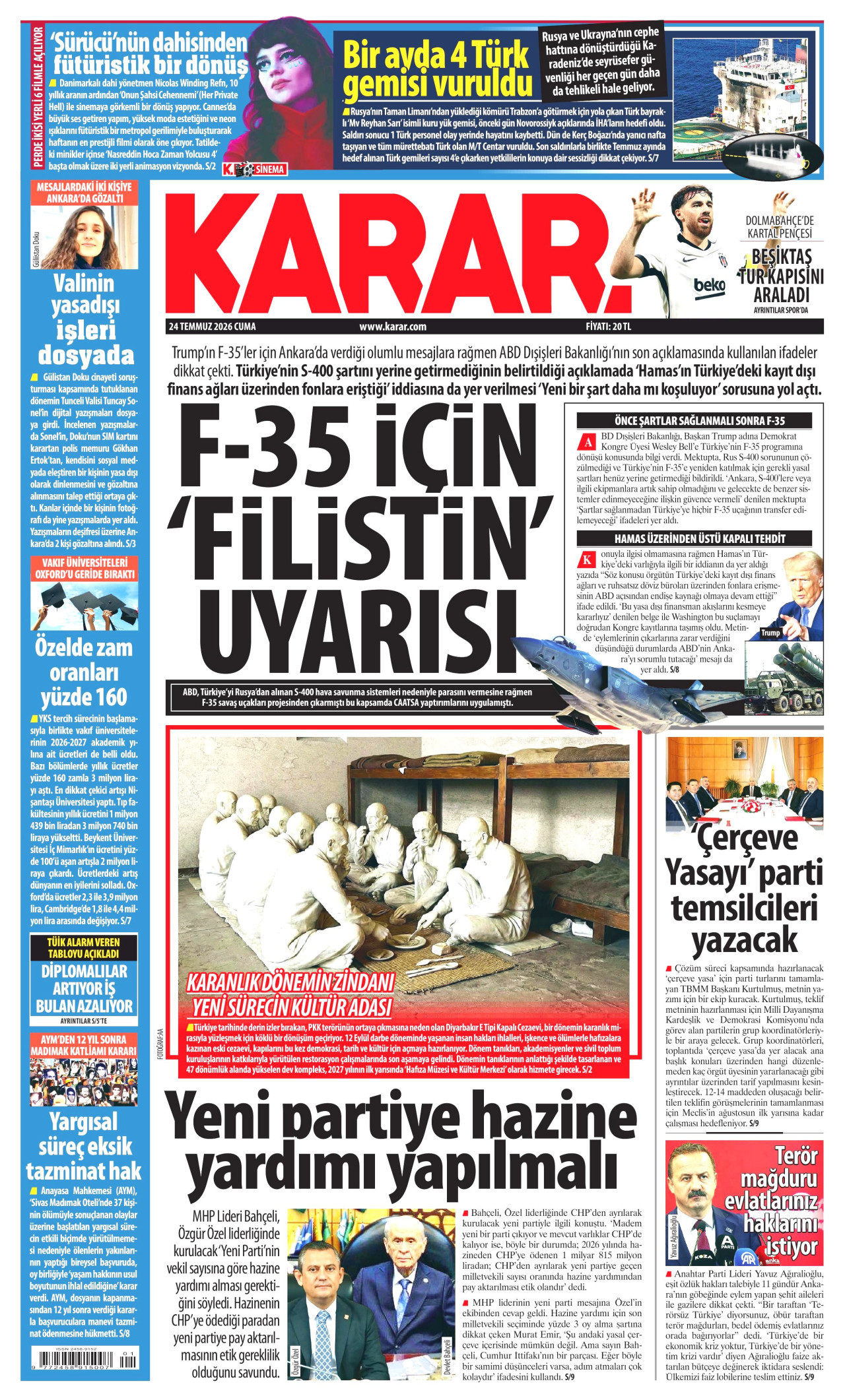 KARAR gazetesinin 24 Temmuz 2026 tarihli birinci sayfası