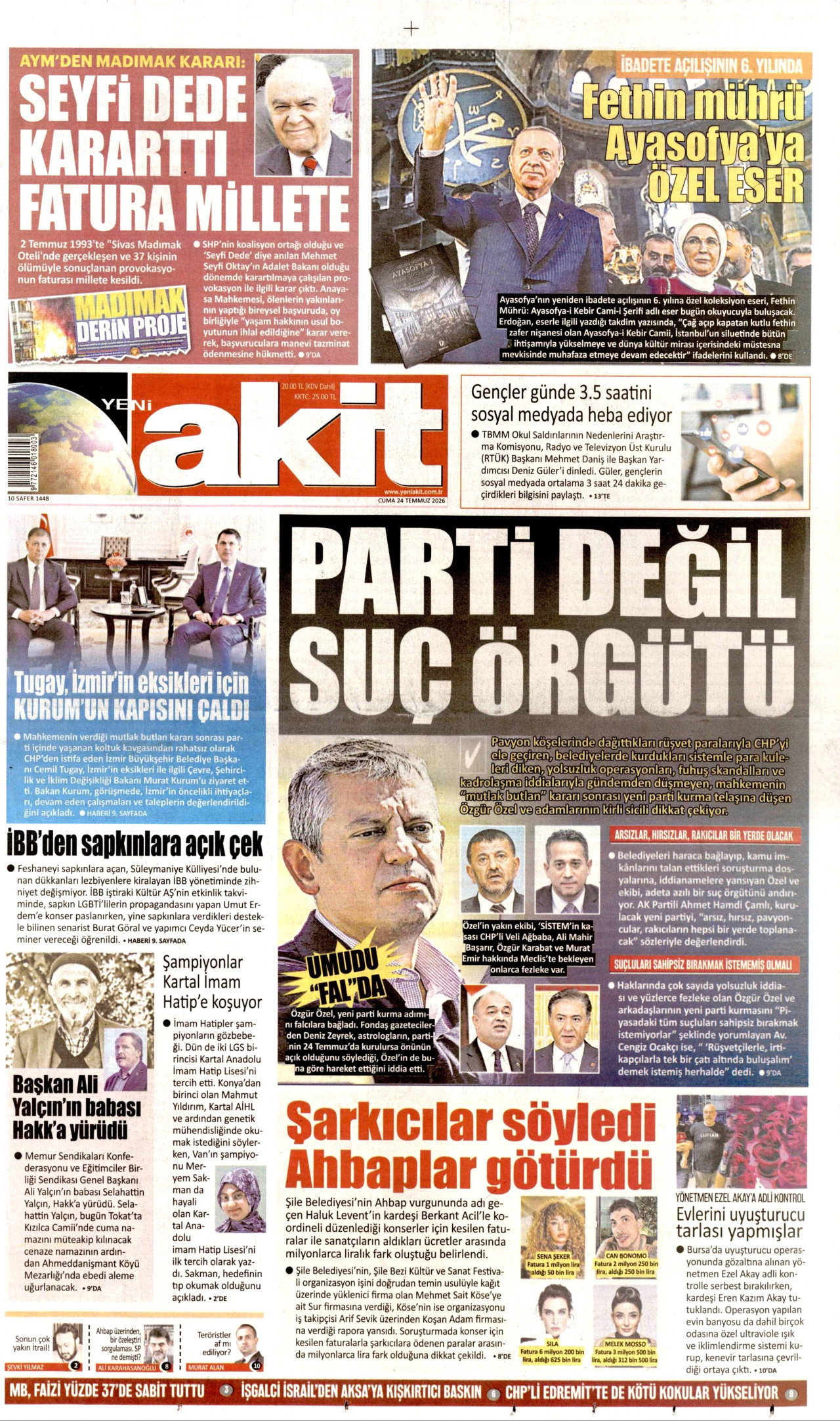 YENİ AKİT gazetesinin 24 Temmuz 2026 tarihli birinci sayfası