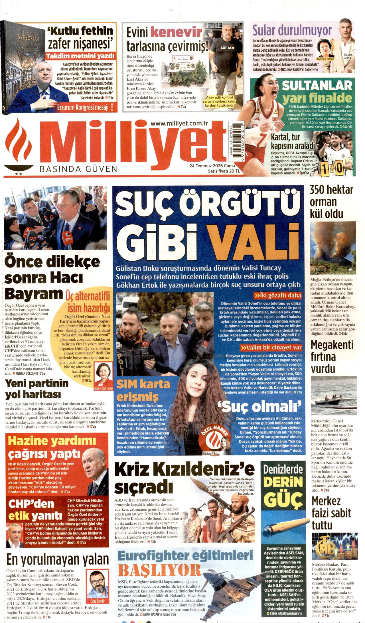 MİLLİYET gazetesinin 24 Temmuz 2026 tarihli birinci sayfası
