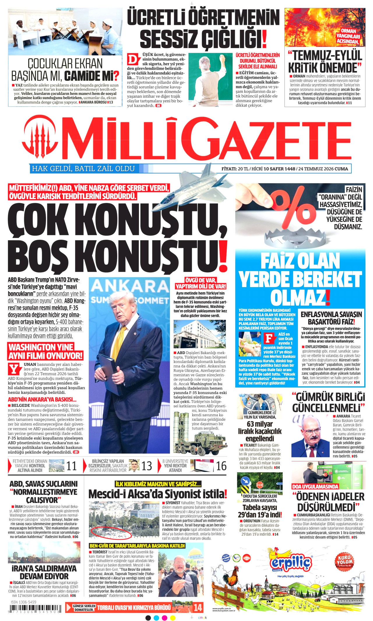 MİLLİ GAZETE gazetesinin 24 Temmuz 2026 tarihli birinci sayfası