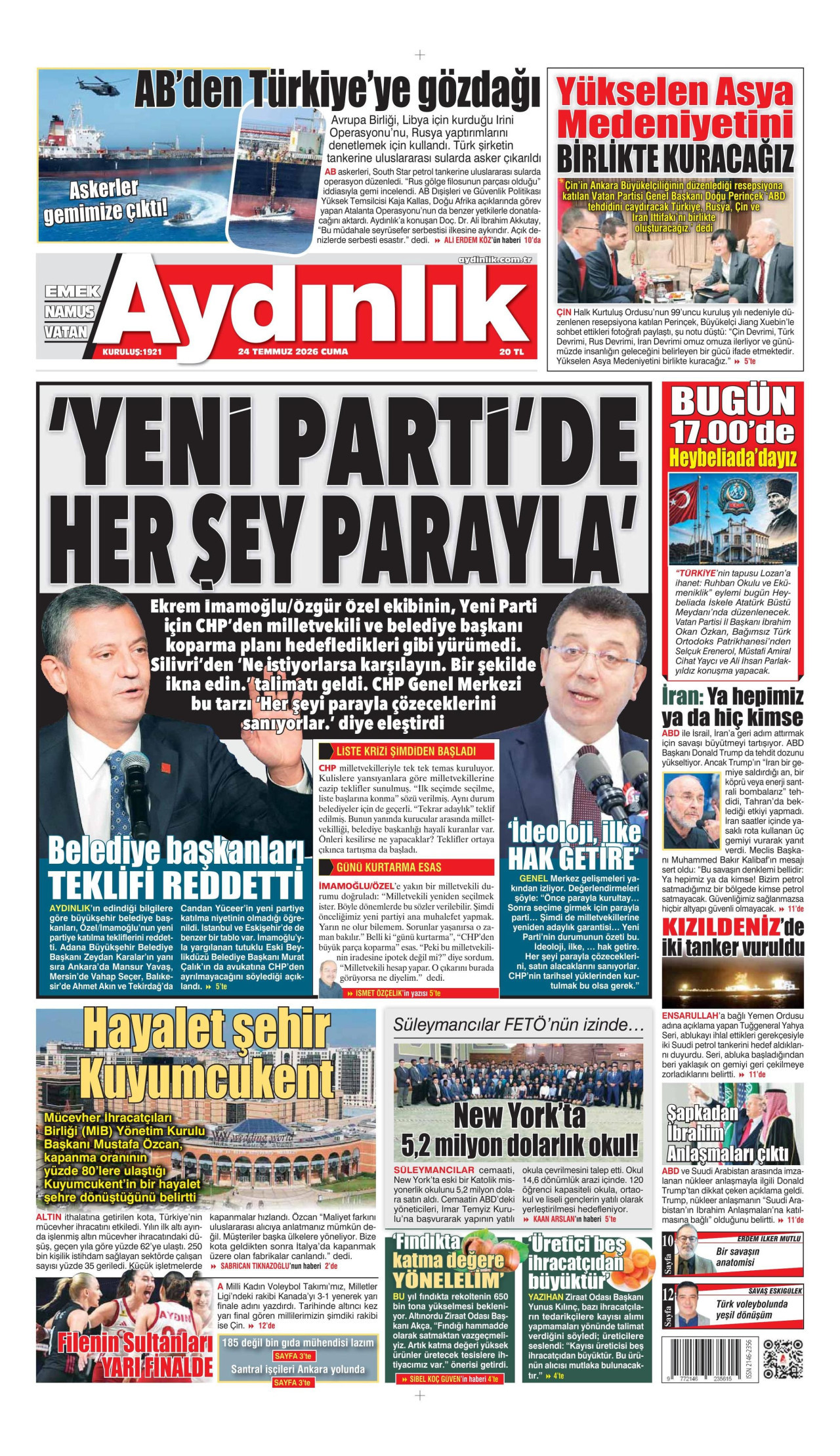 AYDINLIK GAZETESİ gazetesinin 24 Temmuz 2026 tarihli birinci sayfası