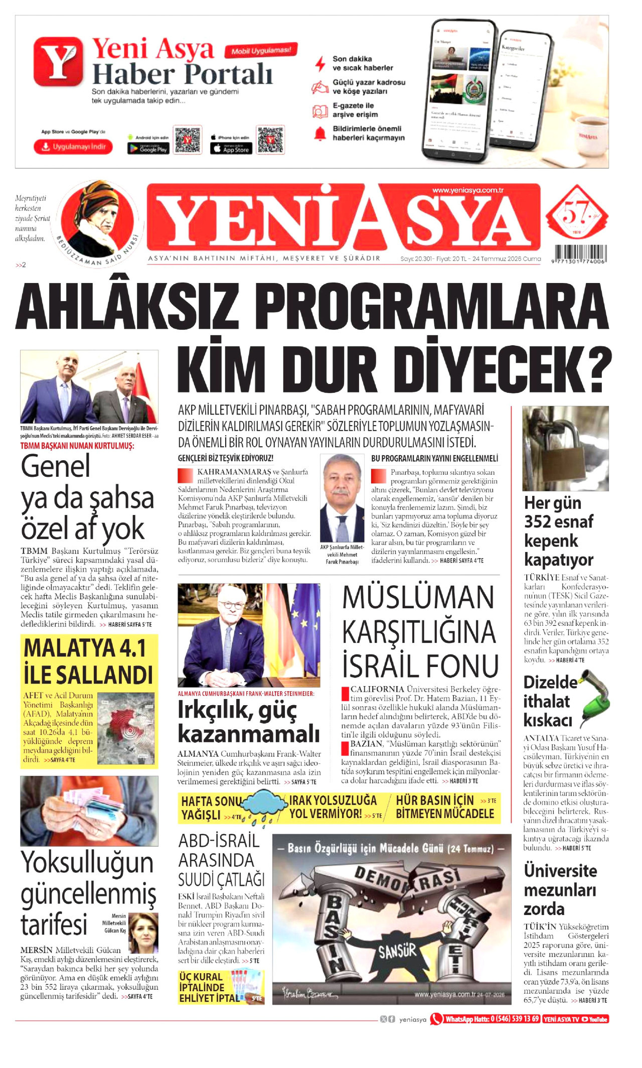 YENİ ASYA gazetesinin 24 Temmuz 2026 tarihli birinci sayfası