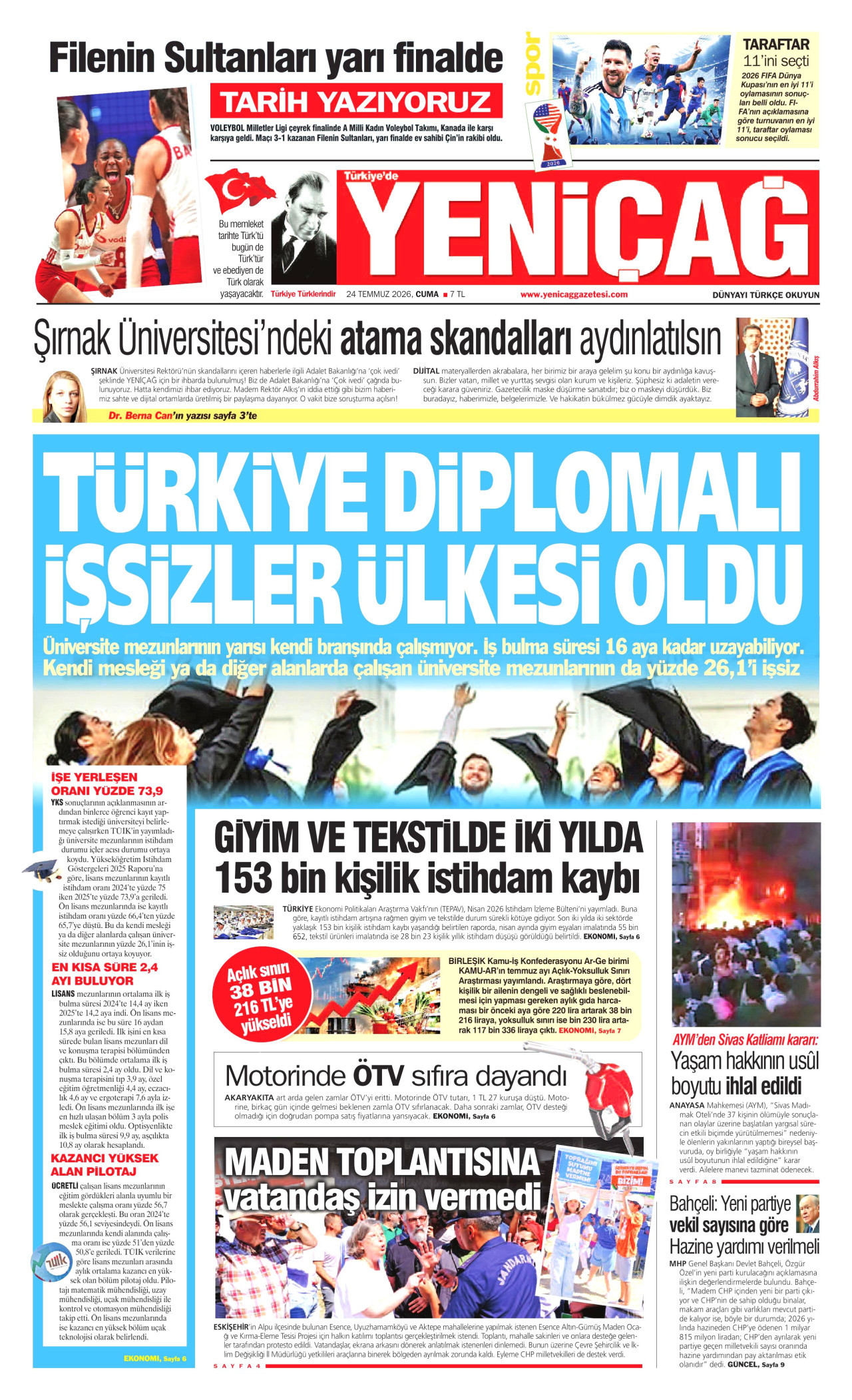 YENİÇAĞ gazetesinin 24 Temmuz 2026 tarihli birinci sayfası