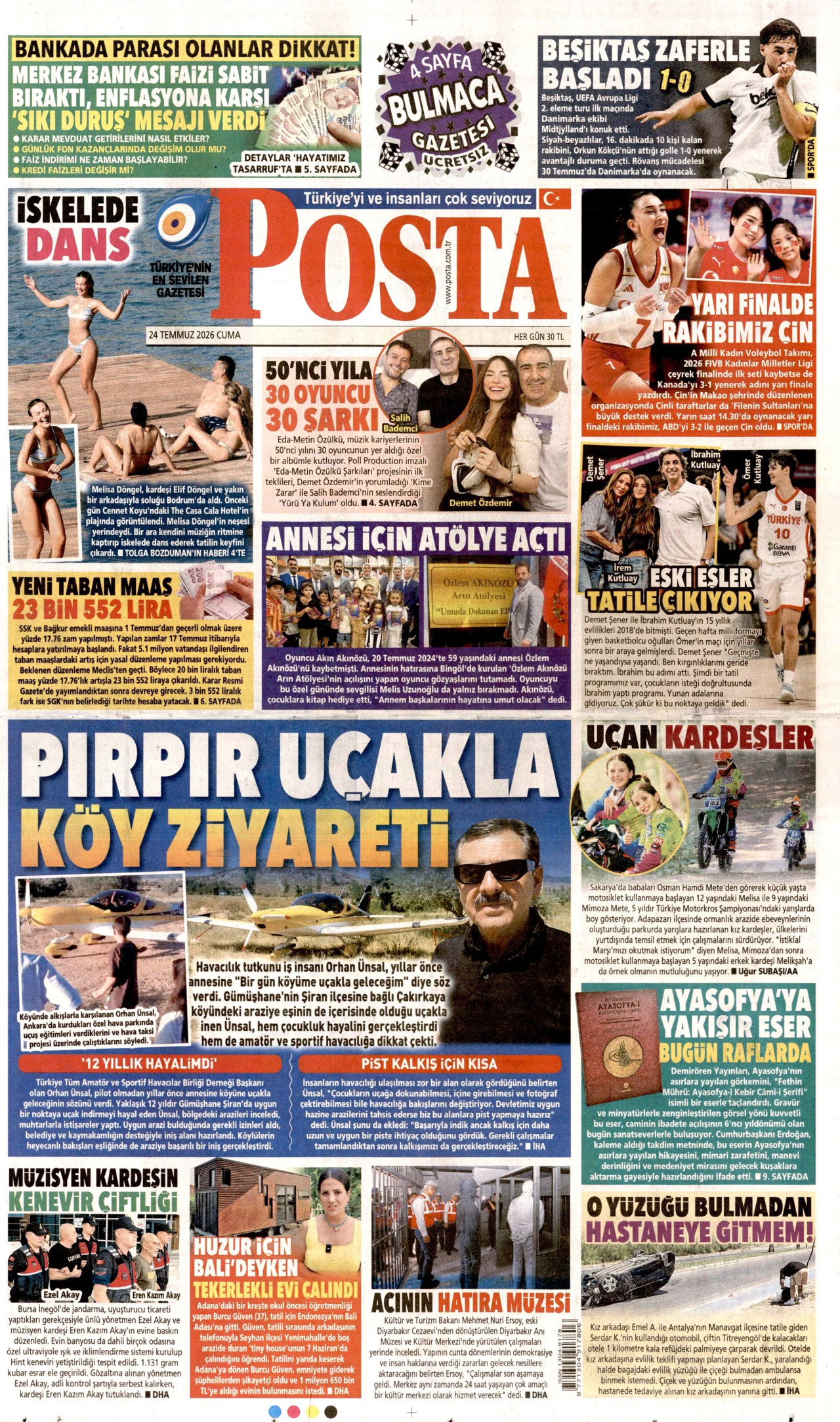 POSTA gazetesinin 24 Temmuz 2026 tarihli birinci sayfası