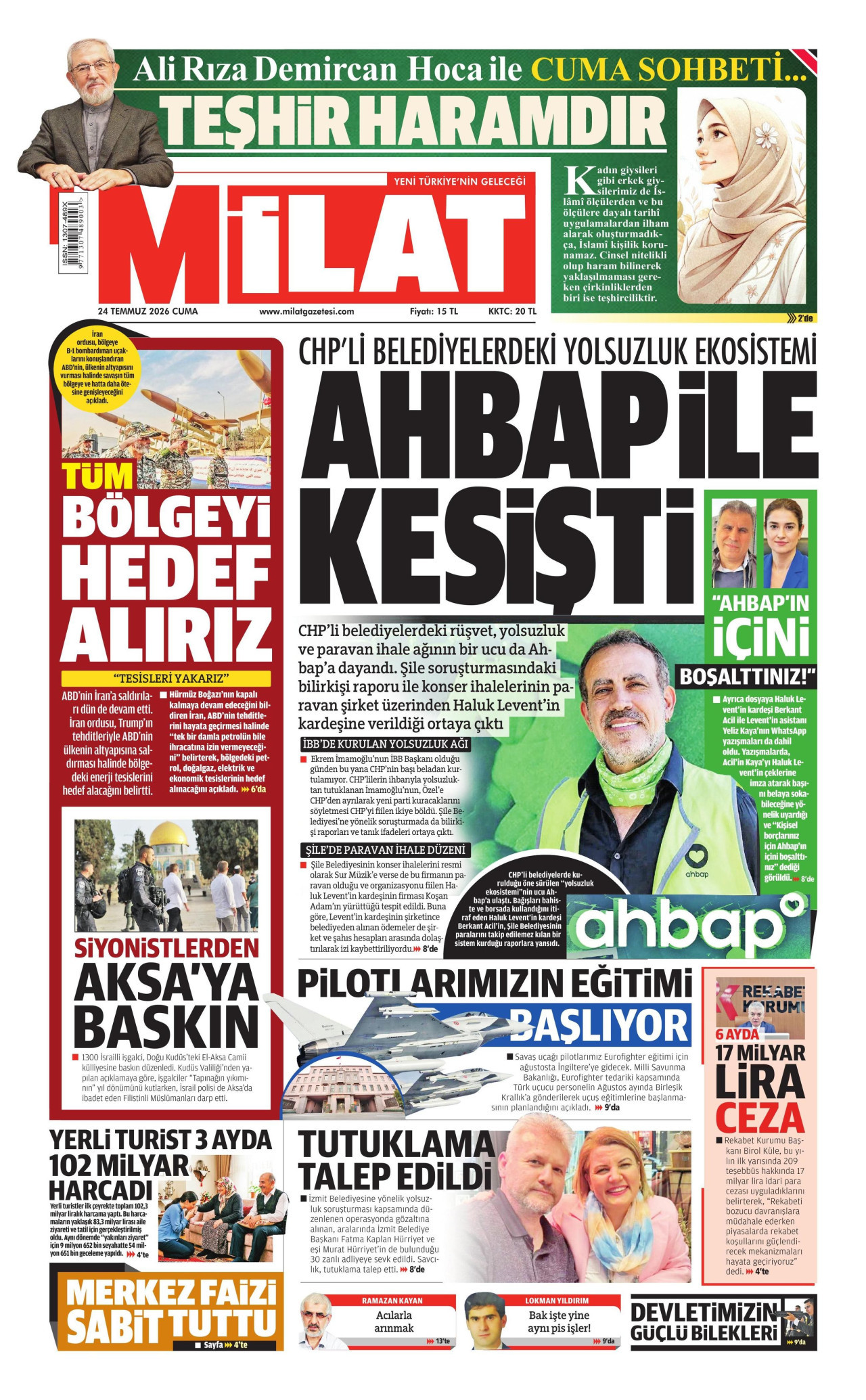 MİLAT gazetesinin 24 Temmuz 2026 tarihli birinci sayfası