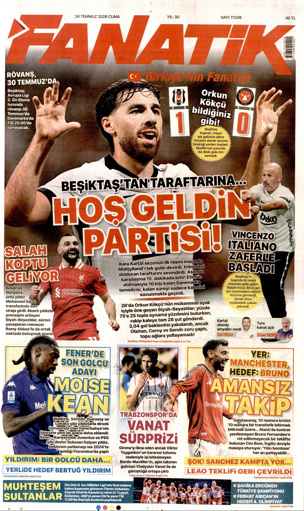 FANATİK gazetesinin 24 Temmuz 2026 tarihli birinci sayfası
