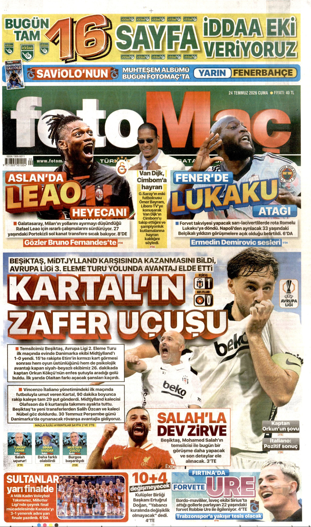 FOTOMAÇ gazetesinin 24 Temmuz 2026 tarihli birinci sayfası