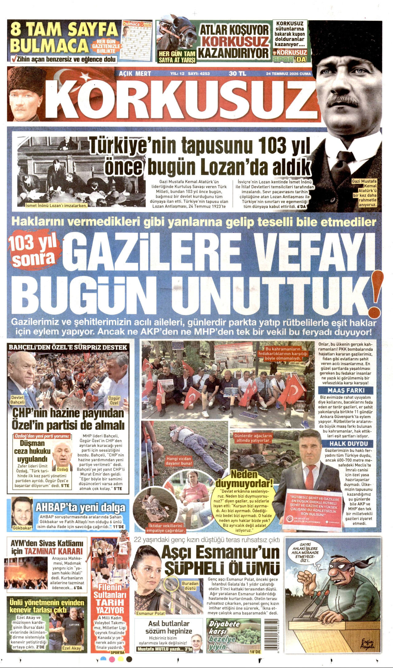 KORKUSUZ gazetesinin 24 Temmuz 2026 tarihli birinci sayfası