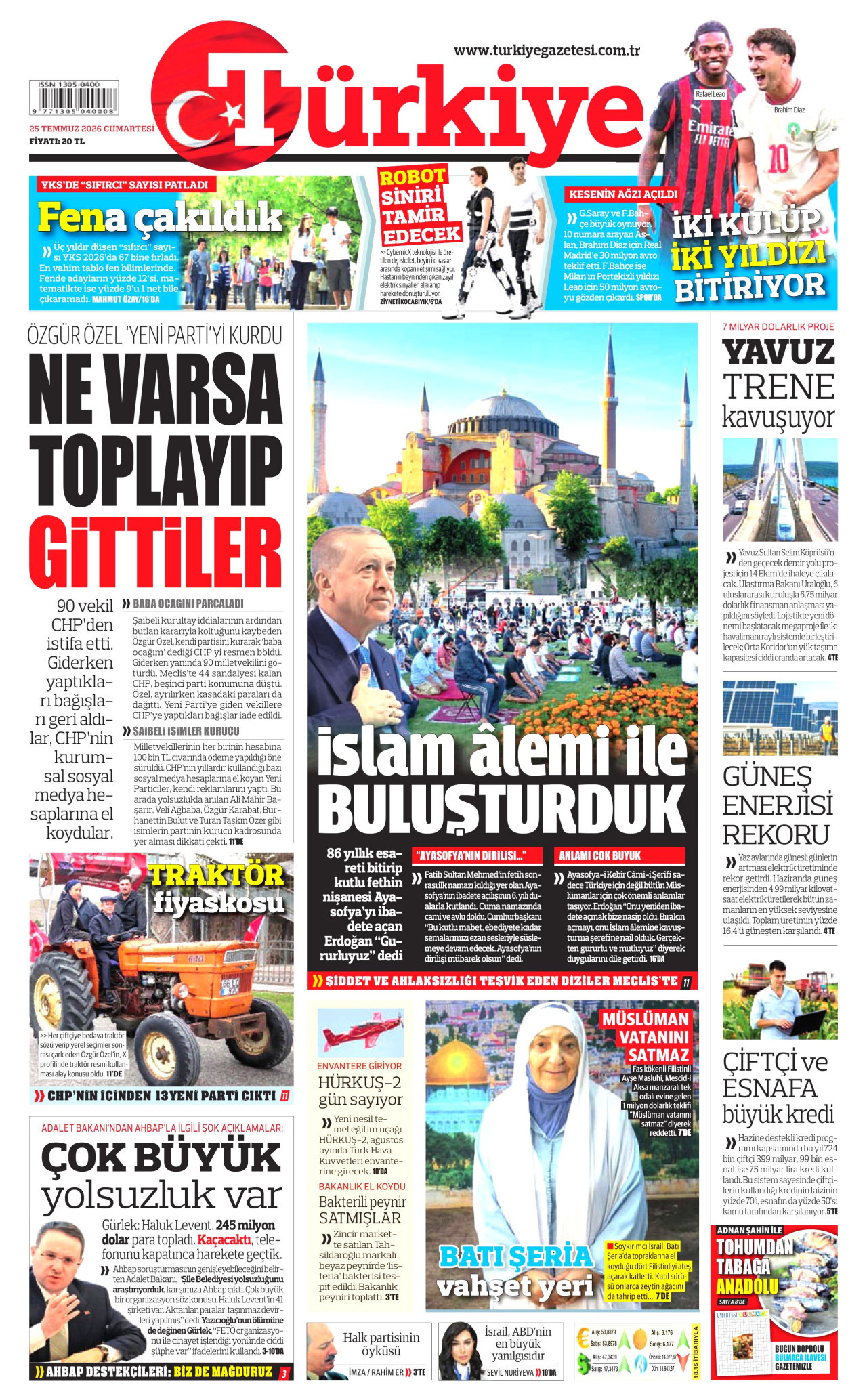 TÜRKİYE GAZETESİ gazetesinin 25 Temmuz 2026 tarihli birinci sayfası
