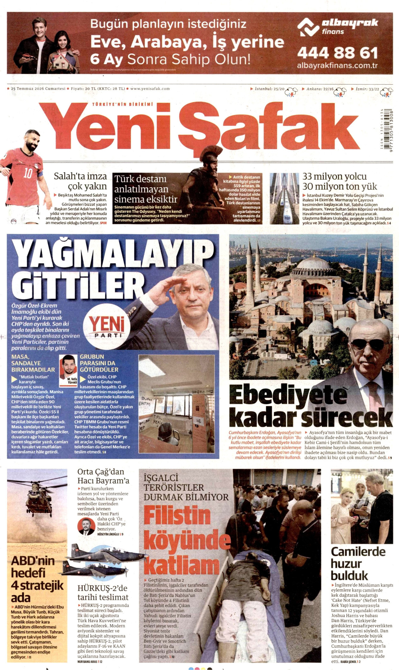YENİ ŞAFAK gazetesinin 25 Temmuz 2026 tarihli birinci sayfası