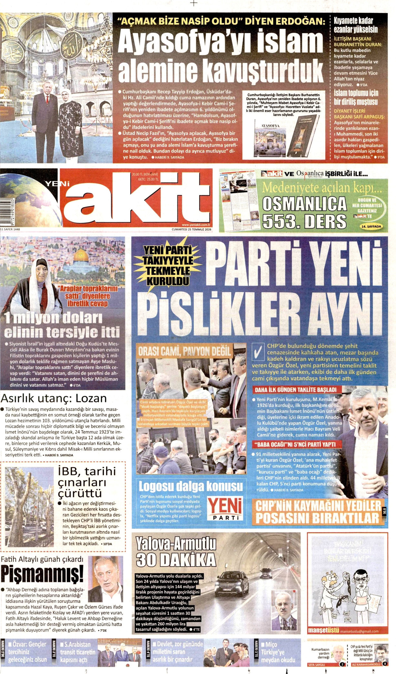 YENİ AKİT gazetesinin 25 Temmuz 2026 tarihli birinci sayfası