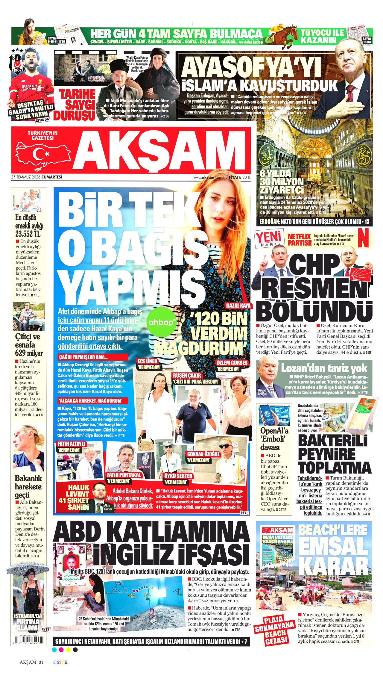 AKŞAM gazetesinin 25 Temmuz 2026 tarihli birinci sayfası
