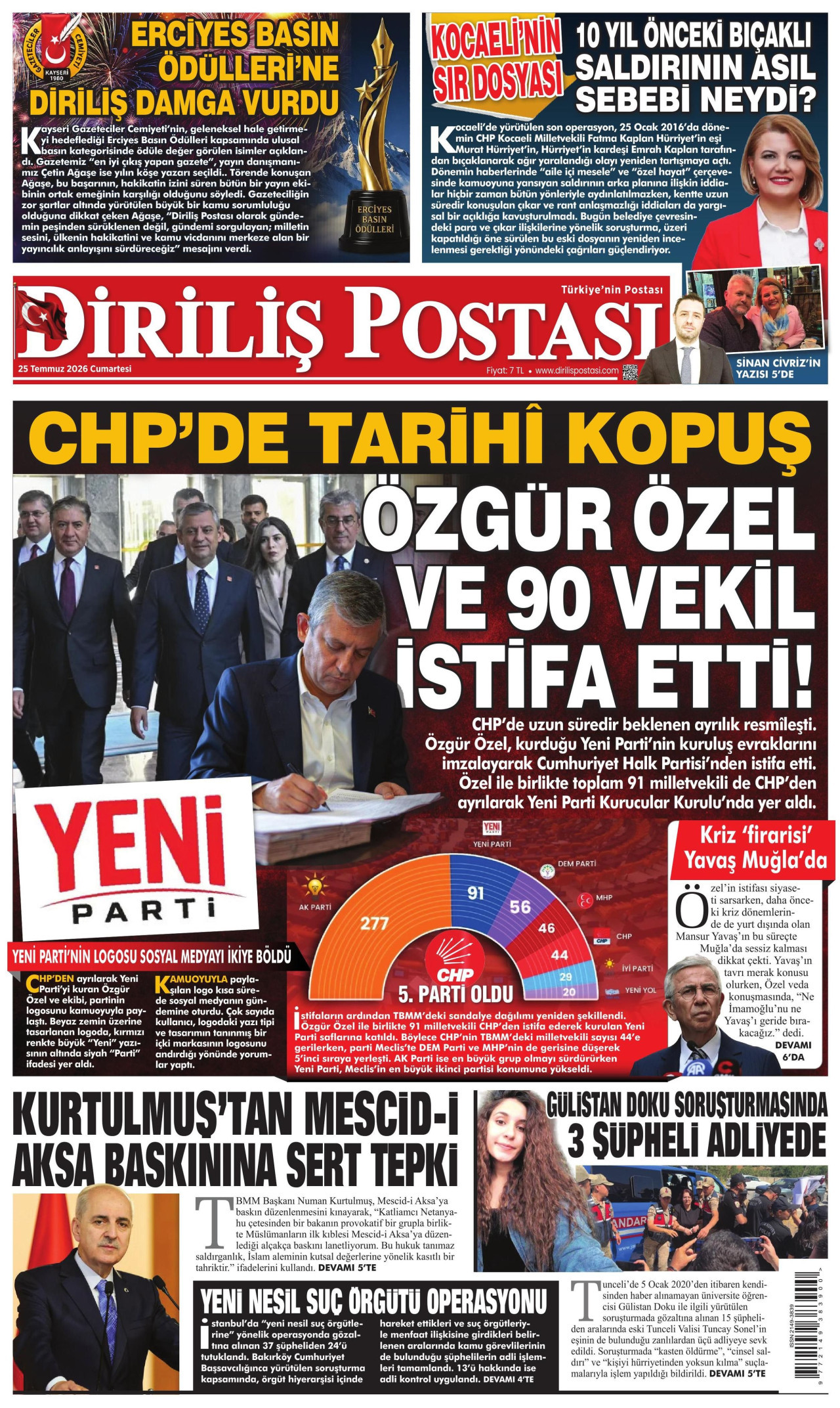 DİRİLİŞ POSTASI gazetesinin 25 Temmuz 2026 tarihli birinci sayfası