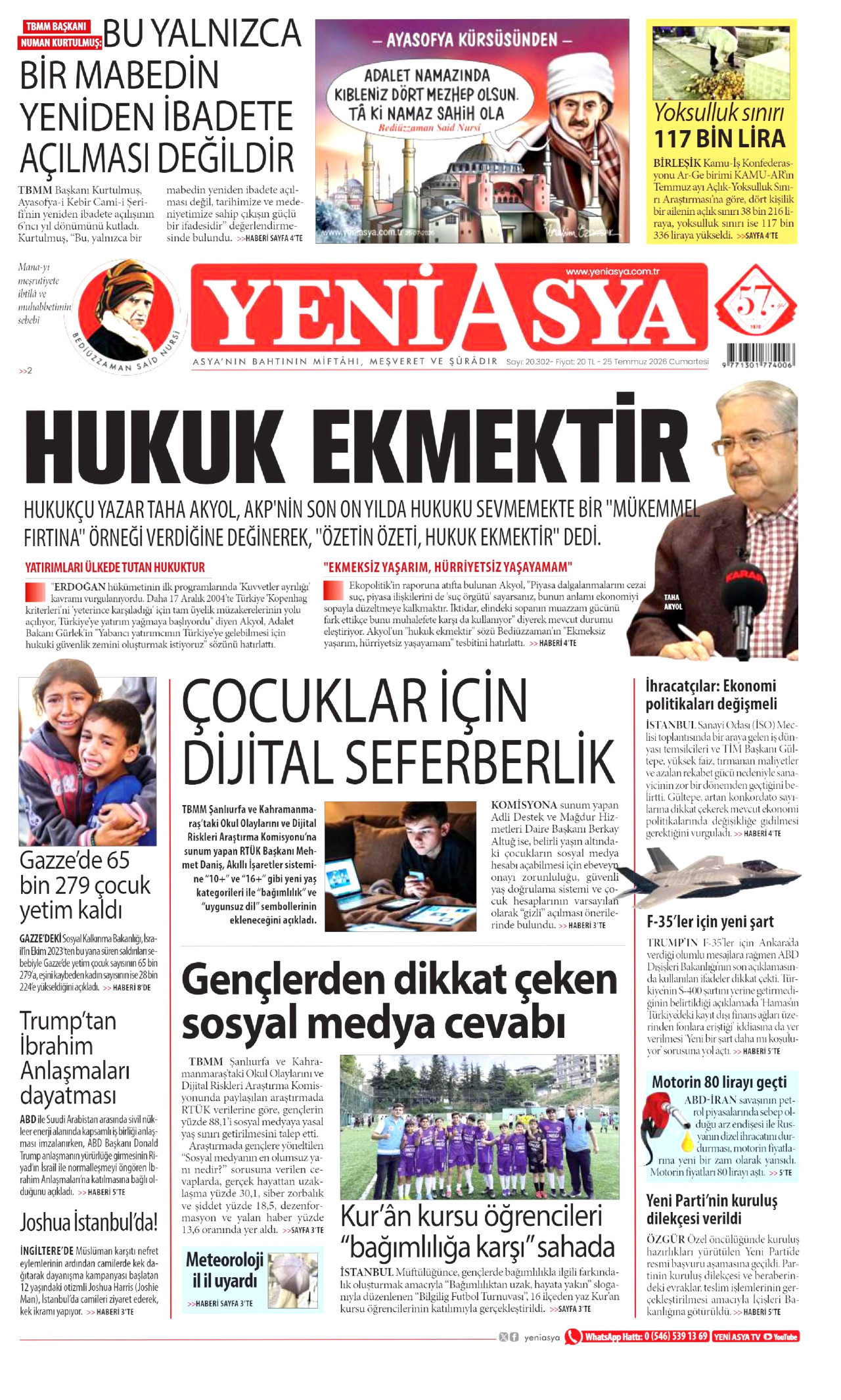 YENİ ASYA gazetesinin 25 Temmuz 2026 tarihli birinci sayfası