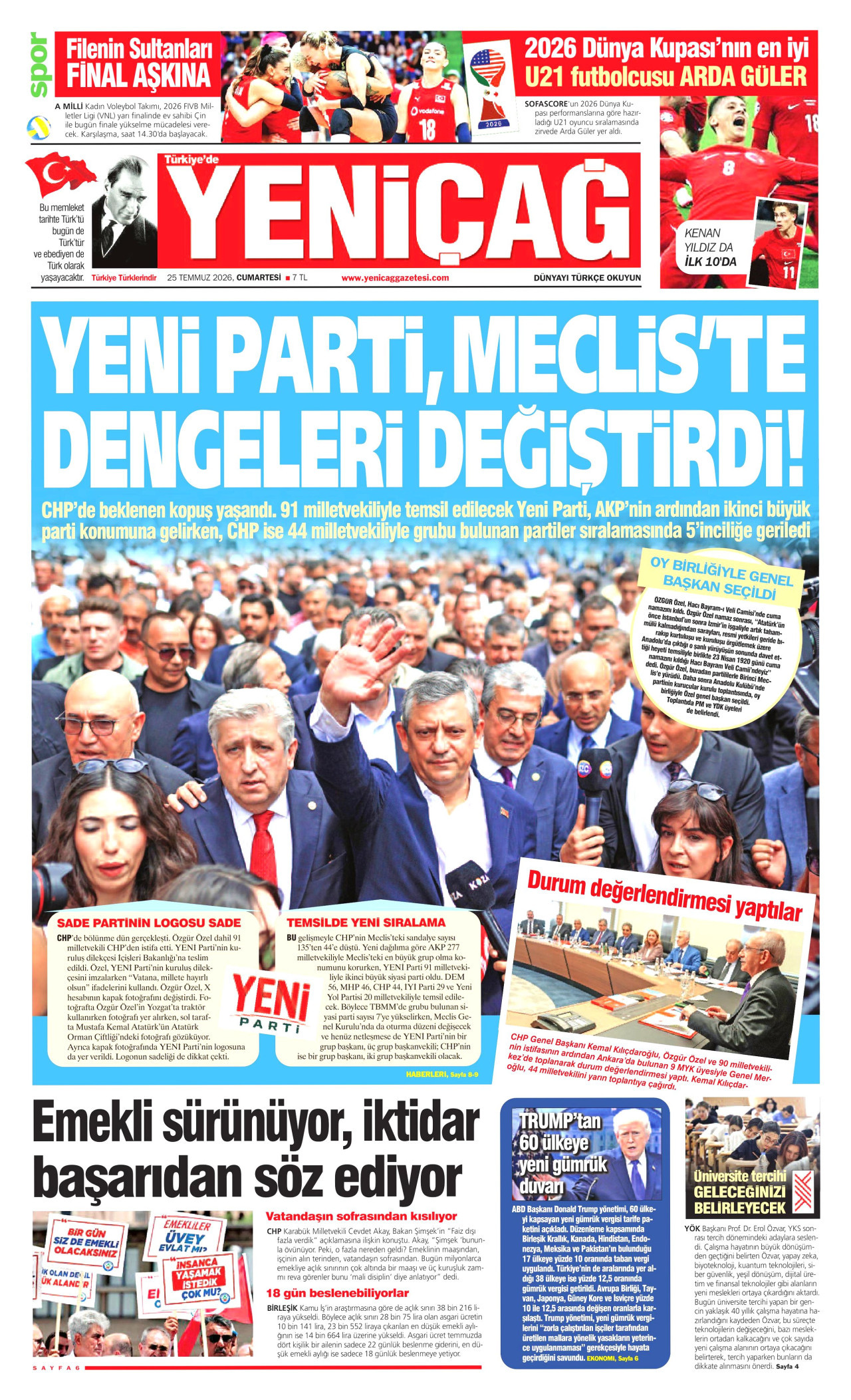 YENİÇAĞ gazetesinin 25 Temmuz 2026 tarihli birinci sayfası