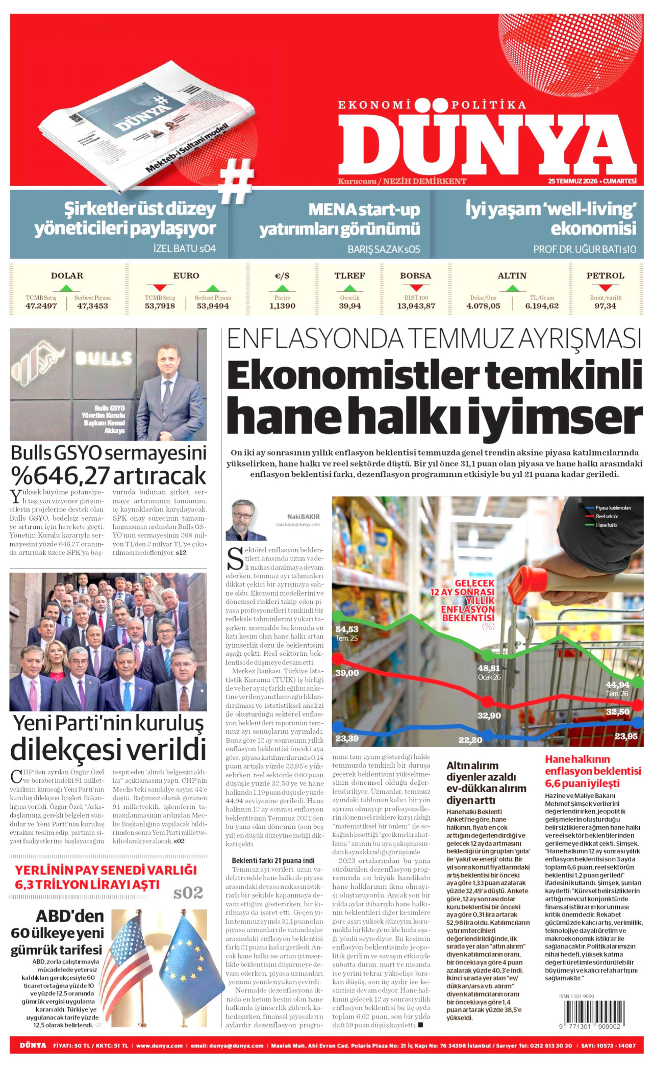 DÜNYA gazetesinin 25 Temmuz 2026 tarihli birinci sayfası