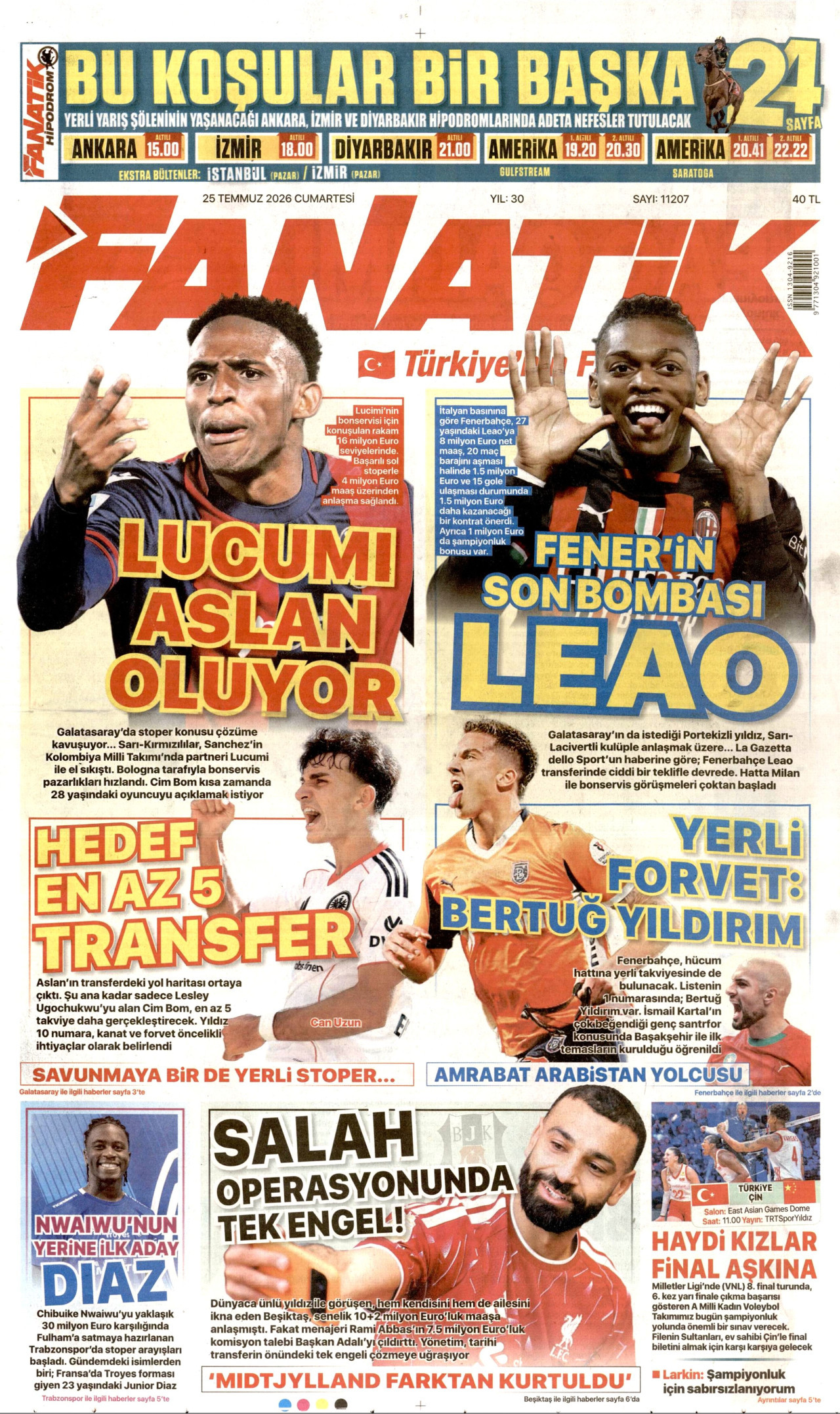 FANATİK gazetesinin 25 Temmuz 2026 tarihli birinci sayfası