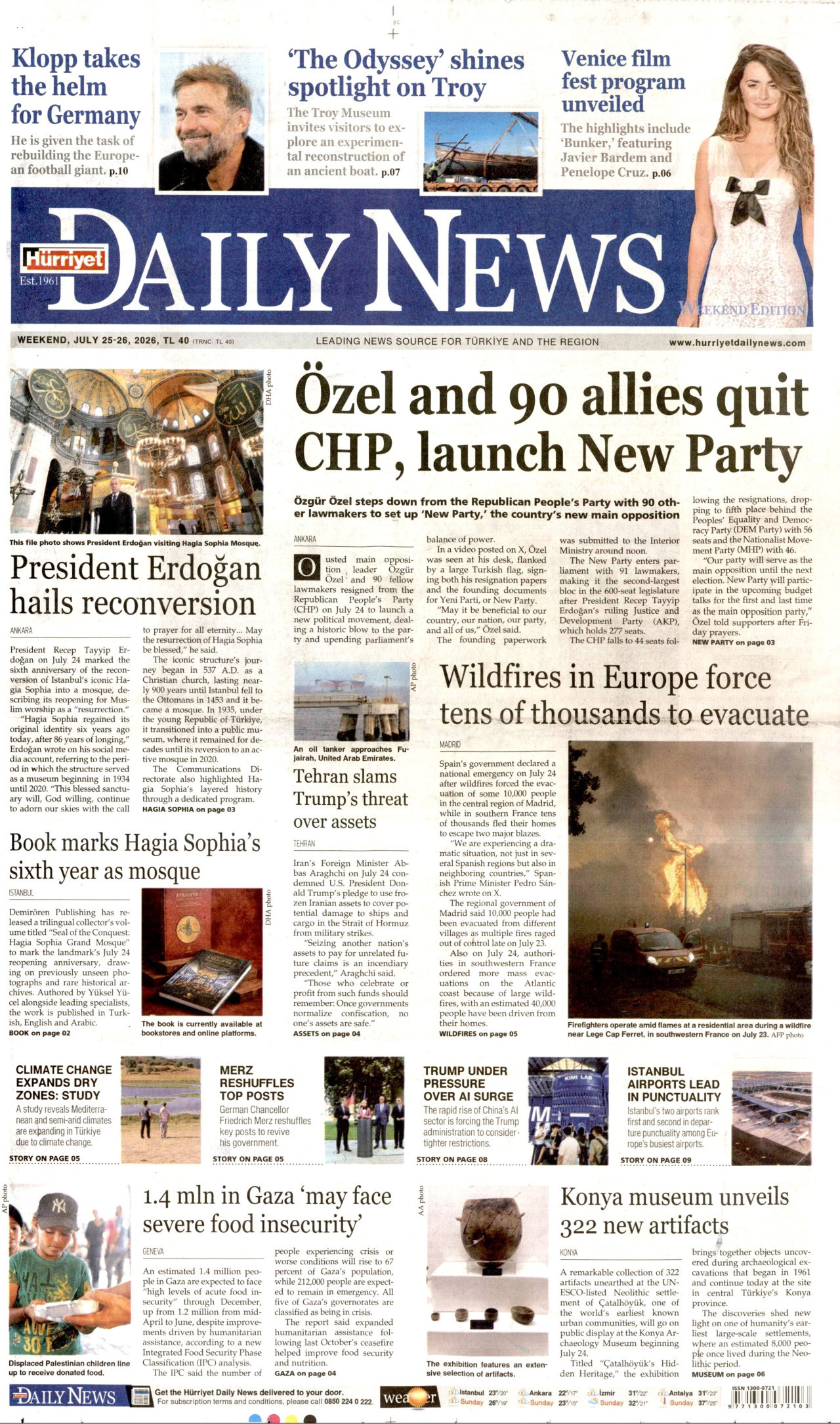 HÜRRİYET DAİLY NEWS gazetesinin 25 Temmuz 2026 tarihli birinci sayfası