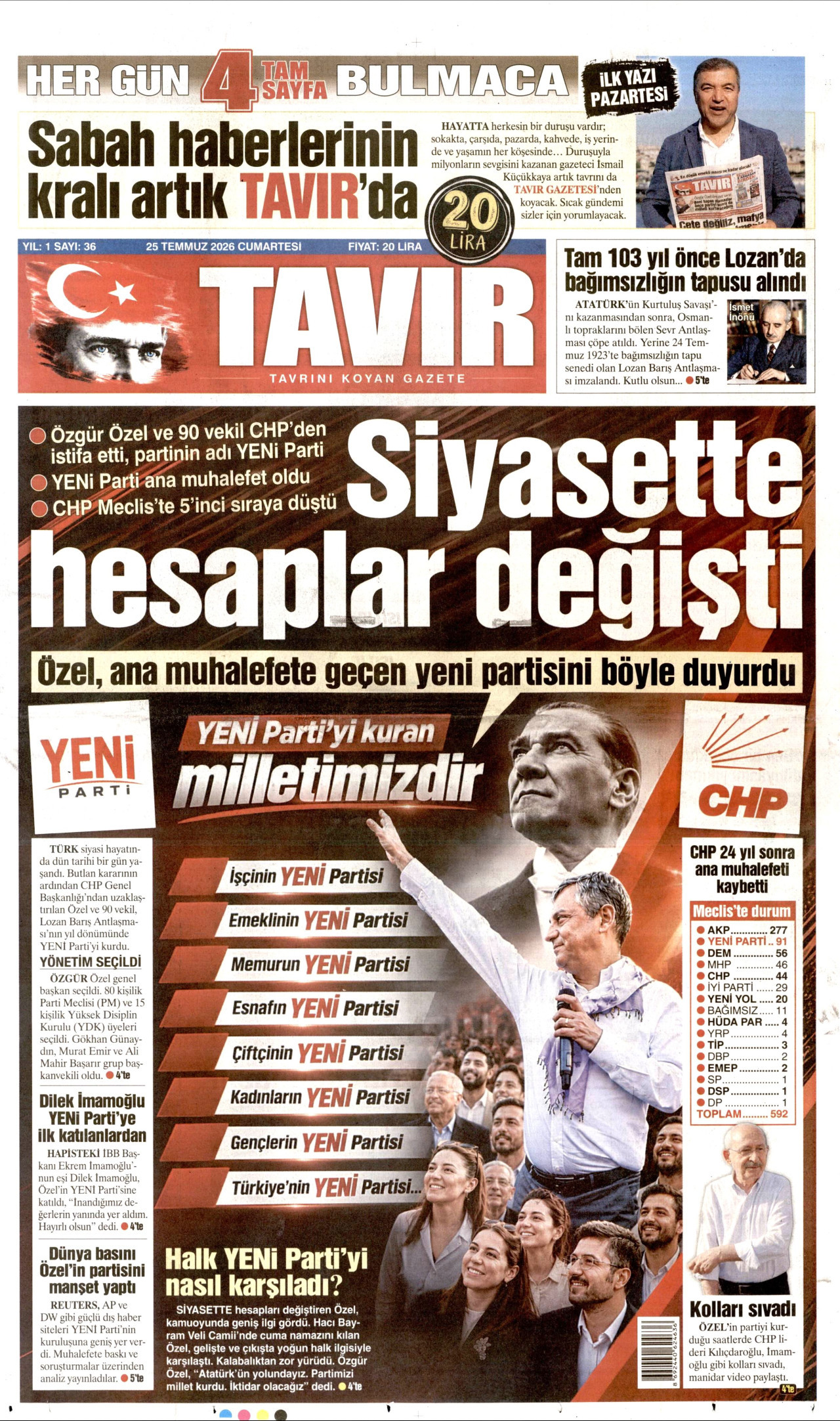 TAVIR GAZETESİ gazetesinin 25 Temmuz 2026 tarihli birinci sayfası