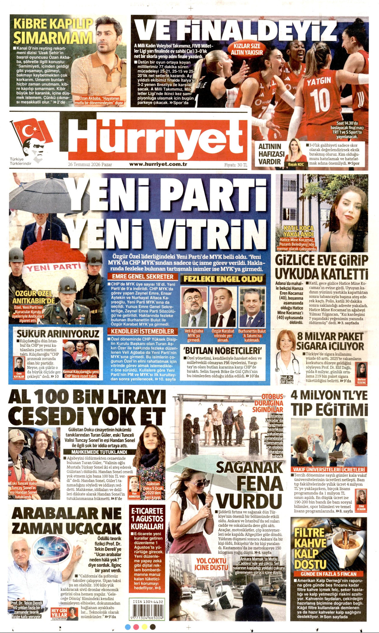 HÜRRİYET gazetesinin 26 Temmuz 2026 tarihli birinci sayfası