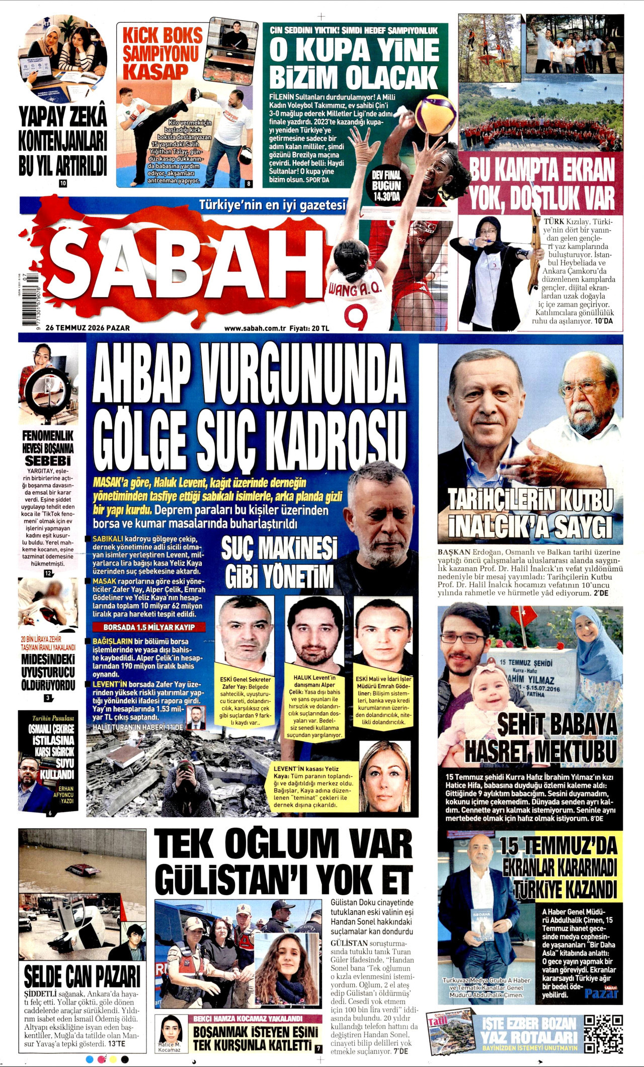 SABAH gazetesinin 26 Temmuz 2026 tarihli birinci sayfası