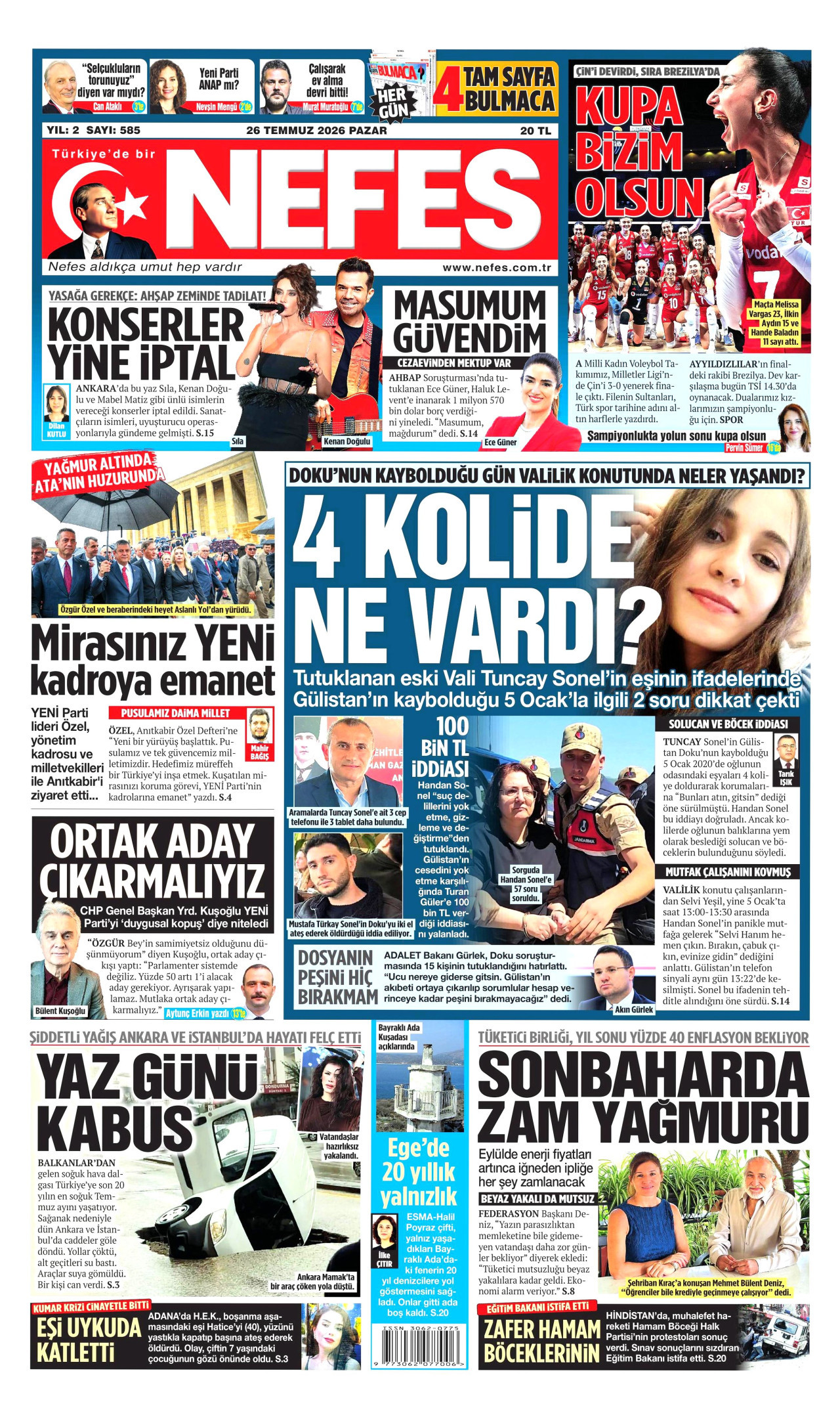 NEFES gazetesinin 26 Temmuz 2026 tarihli birinci sayfası
