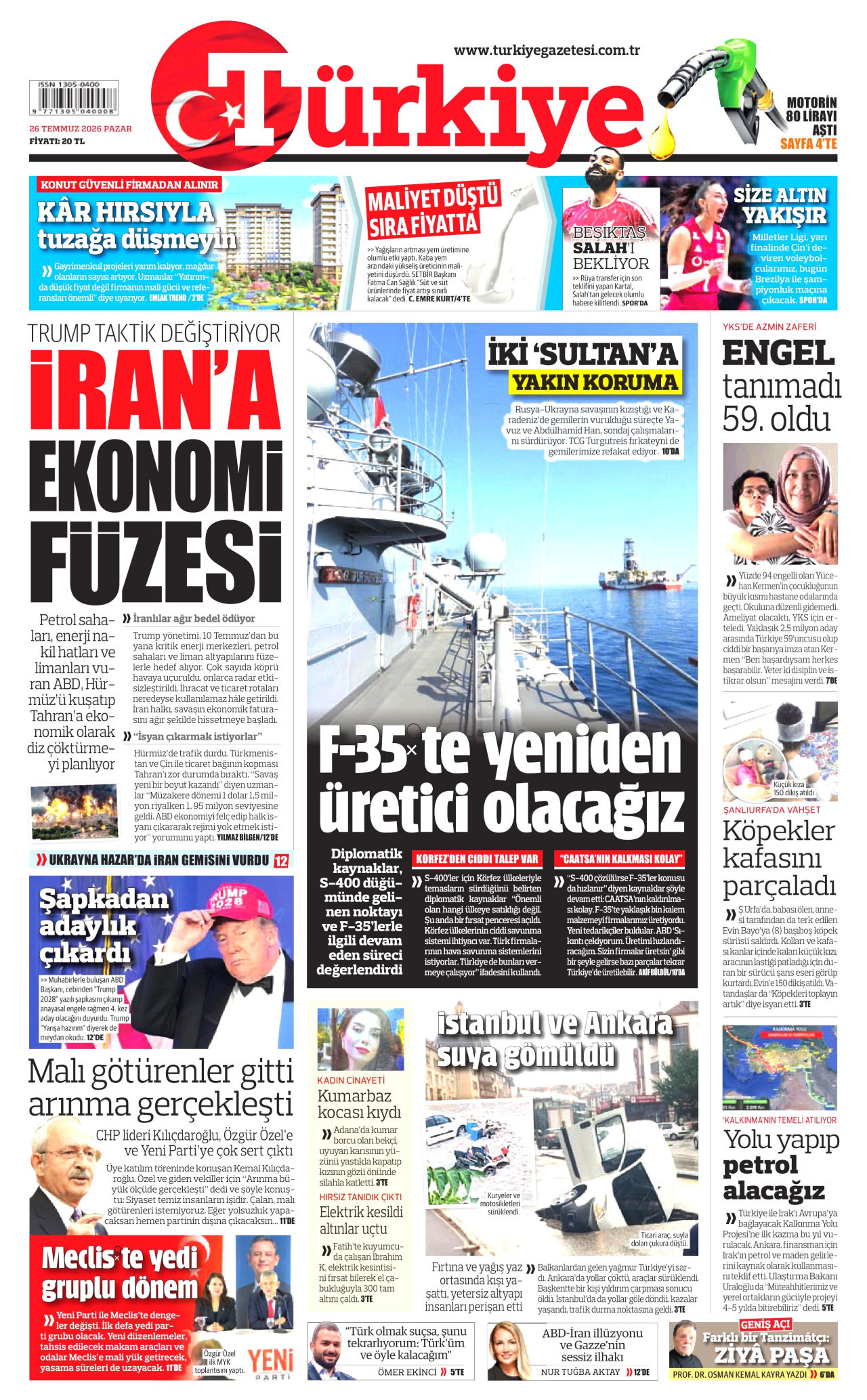 TÜRKİYE GAZETESİ gazetesinin 26 Temmuz 2026 tarihli birinci sayfası