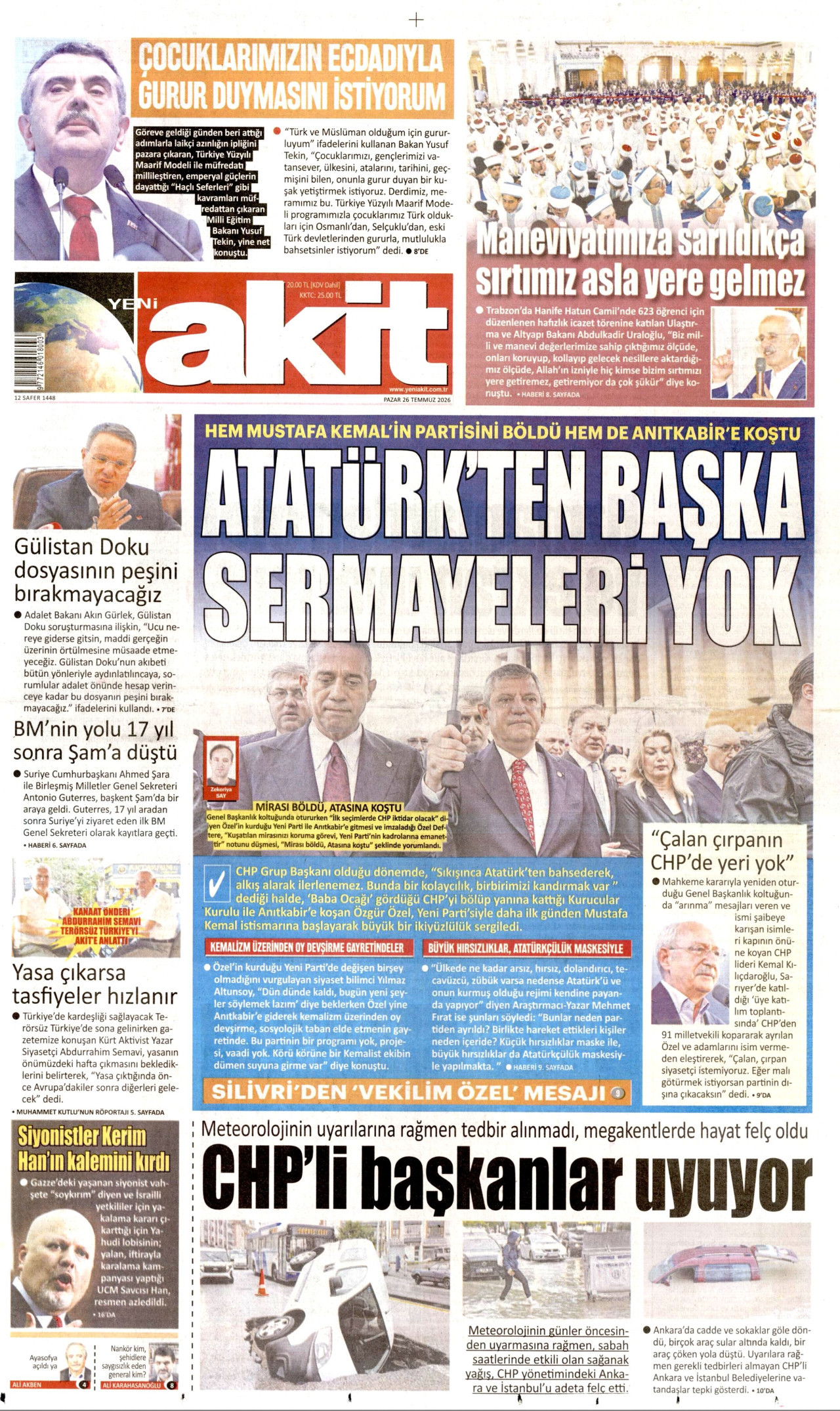 YENİ AKİT gazetesinin 26 Temmuz 2026 tarihli birinci sayfası