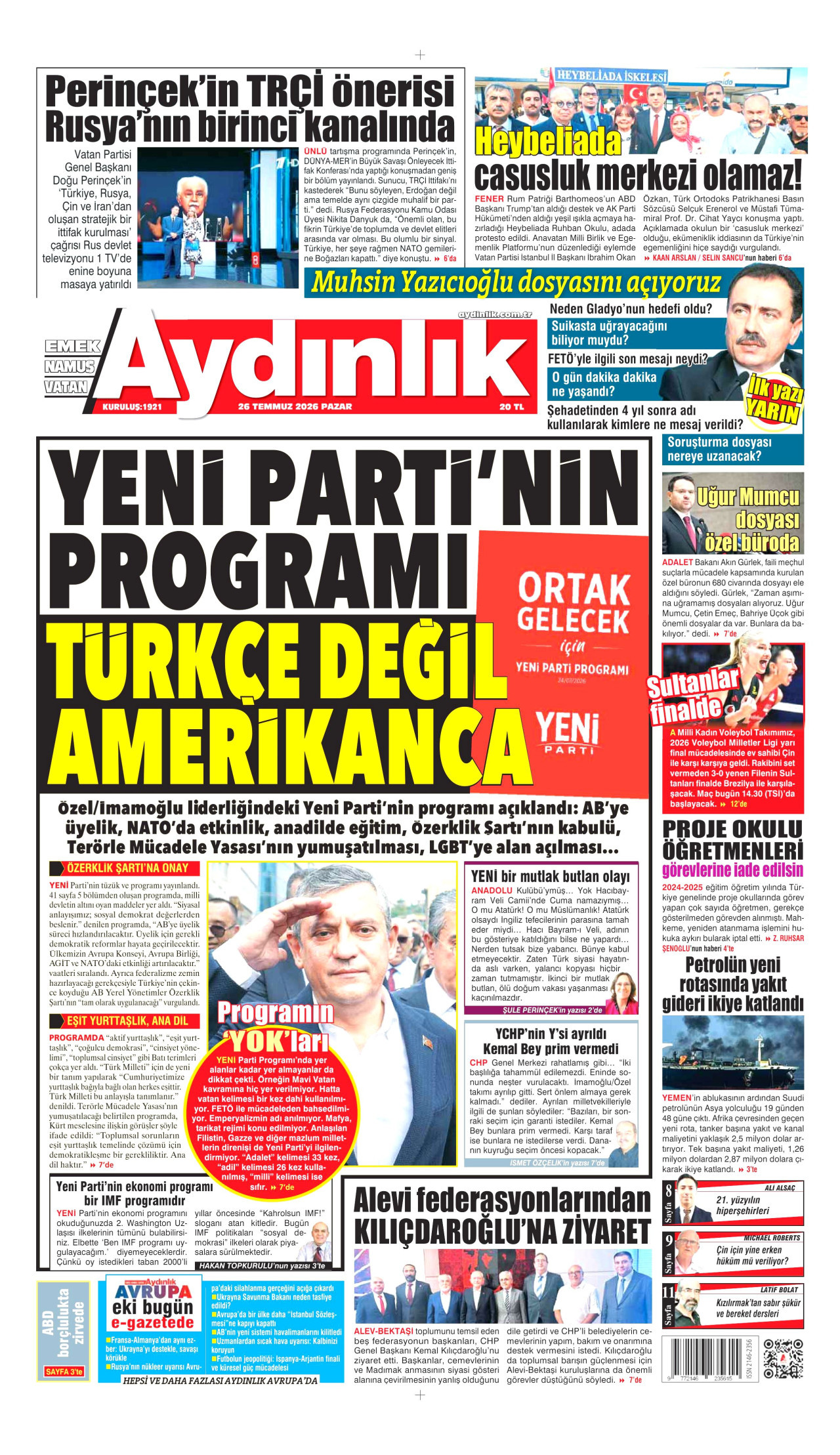 AYDINLIK GAZETESİ gazetesinin 26 Temmuz 2026 tarihli birinci sayfası