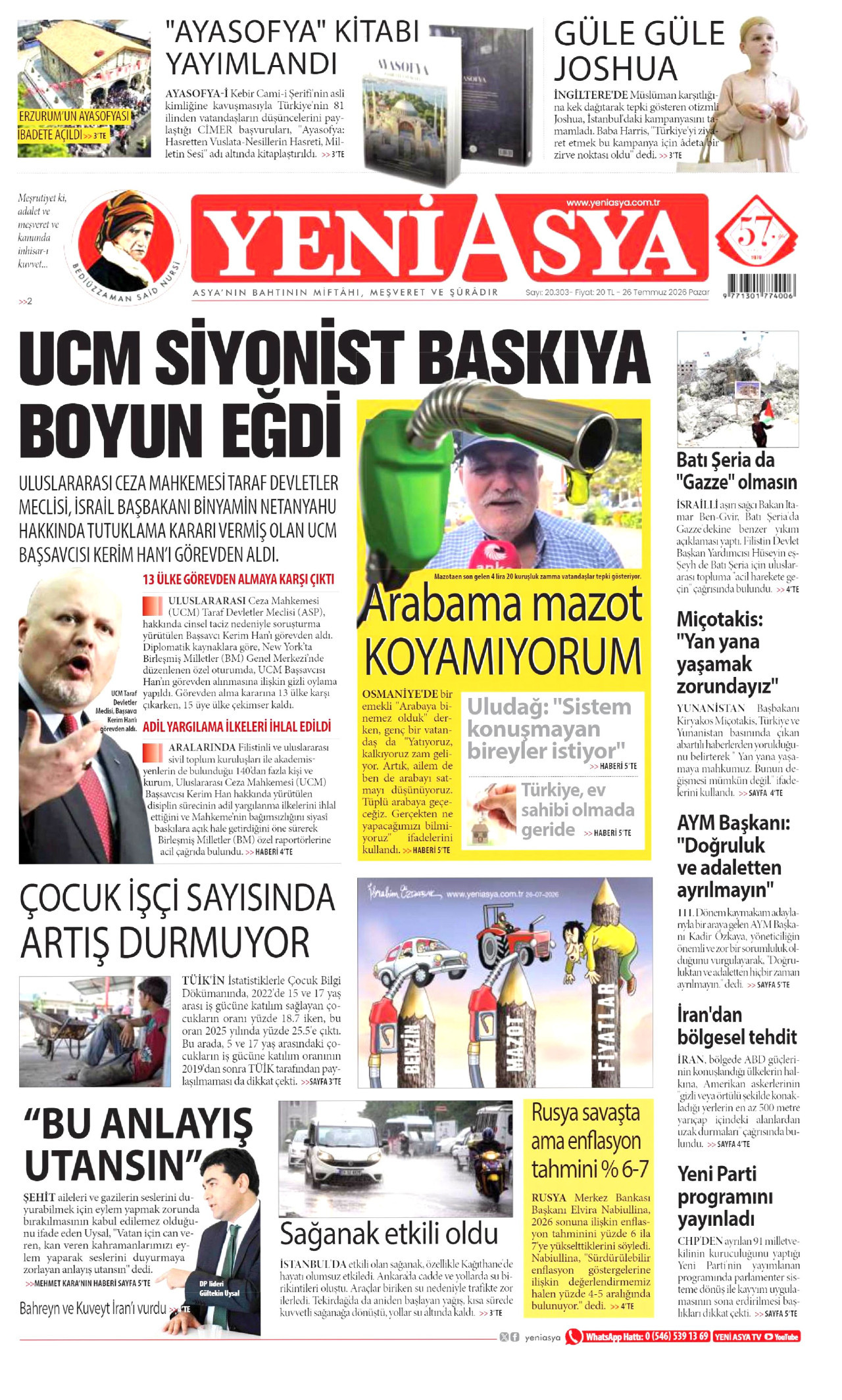 YENİ ASYA gazetesinin 26 Temmuz 2026 tarihli birinci sayfası