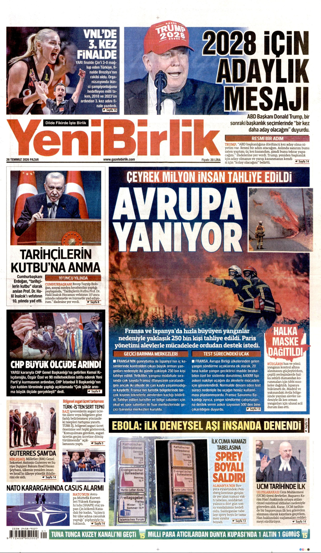 YENİBİRLİK gazetesinin 26 Temmuz 2026 tarihli birinci sayfası